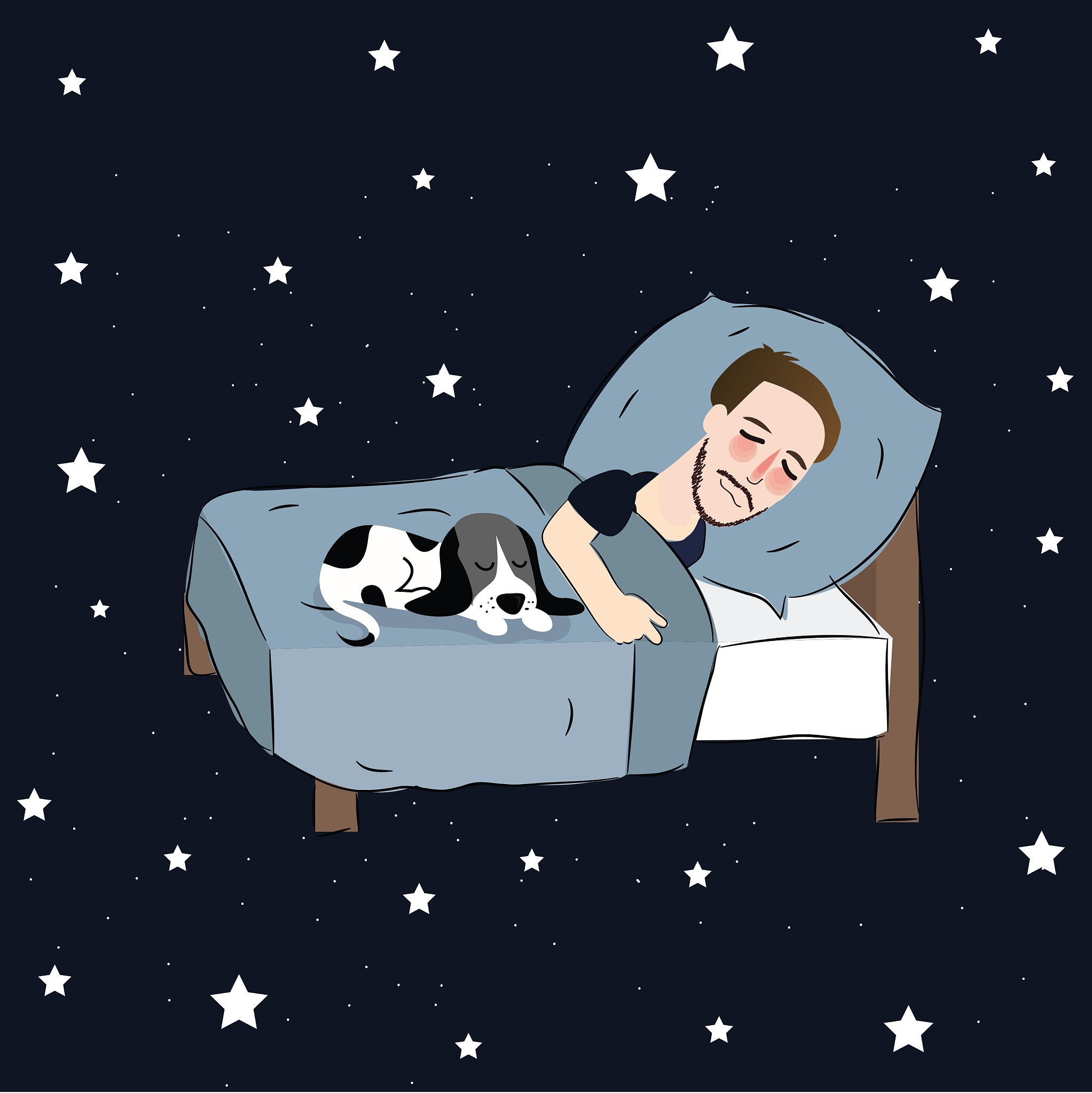 man sleeping in bed pillow together with puppies