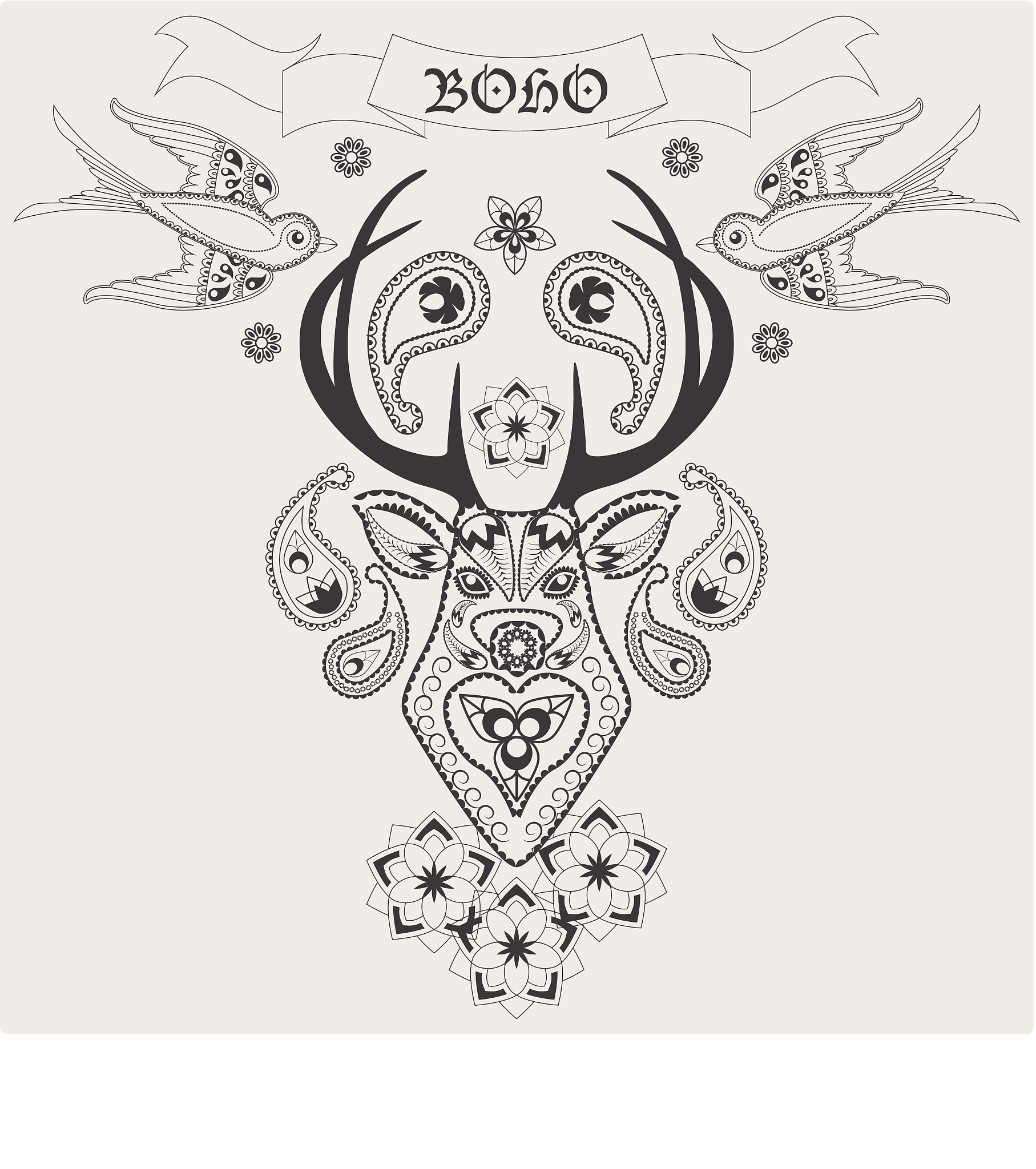 请帮我描述一张图片，内容有：图案的整体形状是一只牛头，左边一半是牛脸的左半边，右边一半是各种花卉组成的牛脸右半边，非常有创意，以抒情的手法描述出对牛与花的赞美