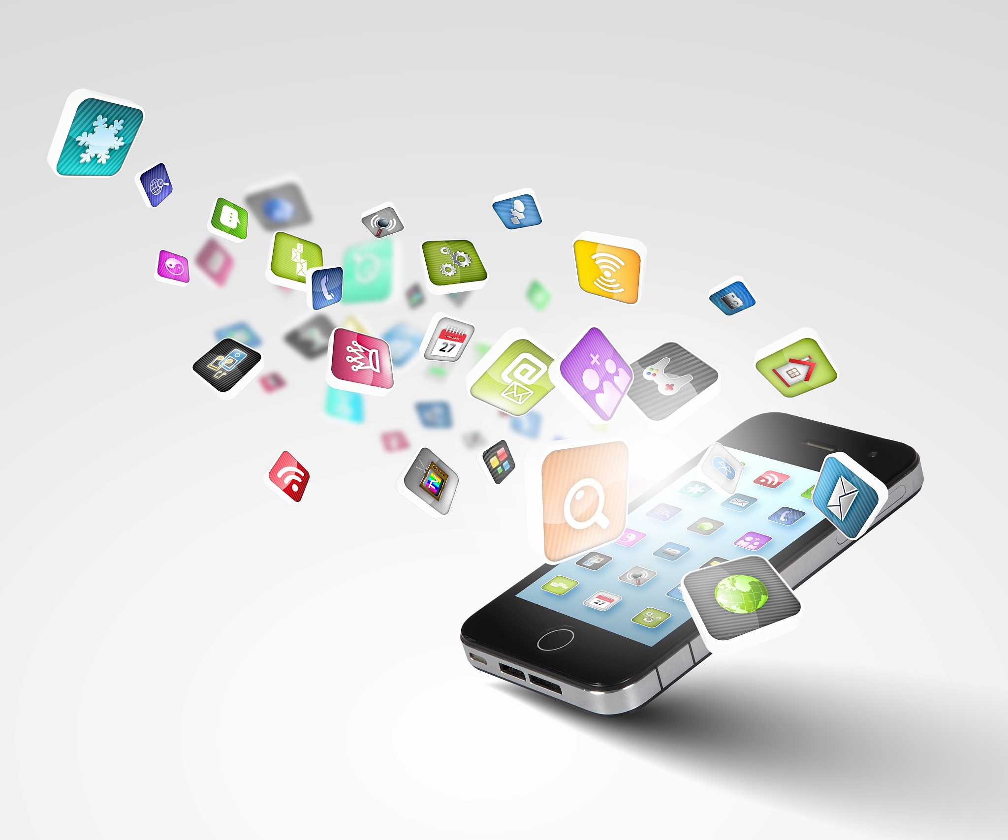 media technology illustration with mobile phone and icons