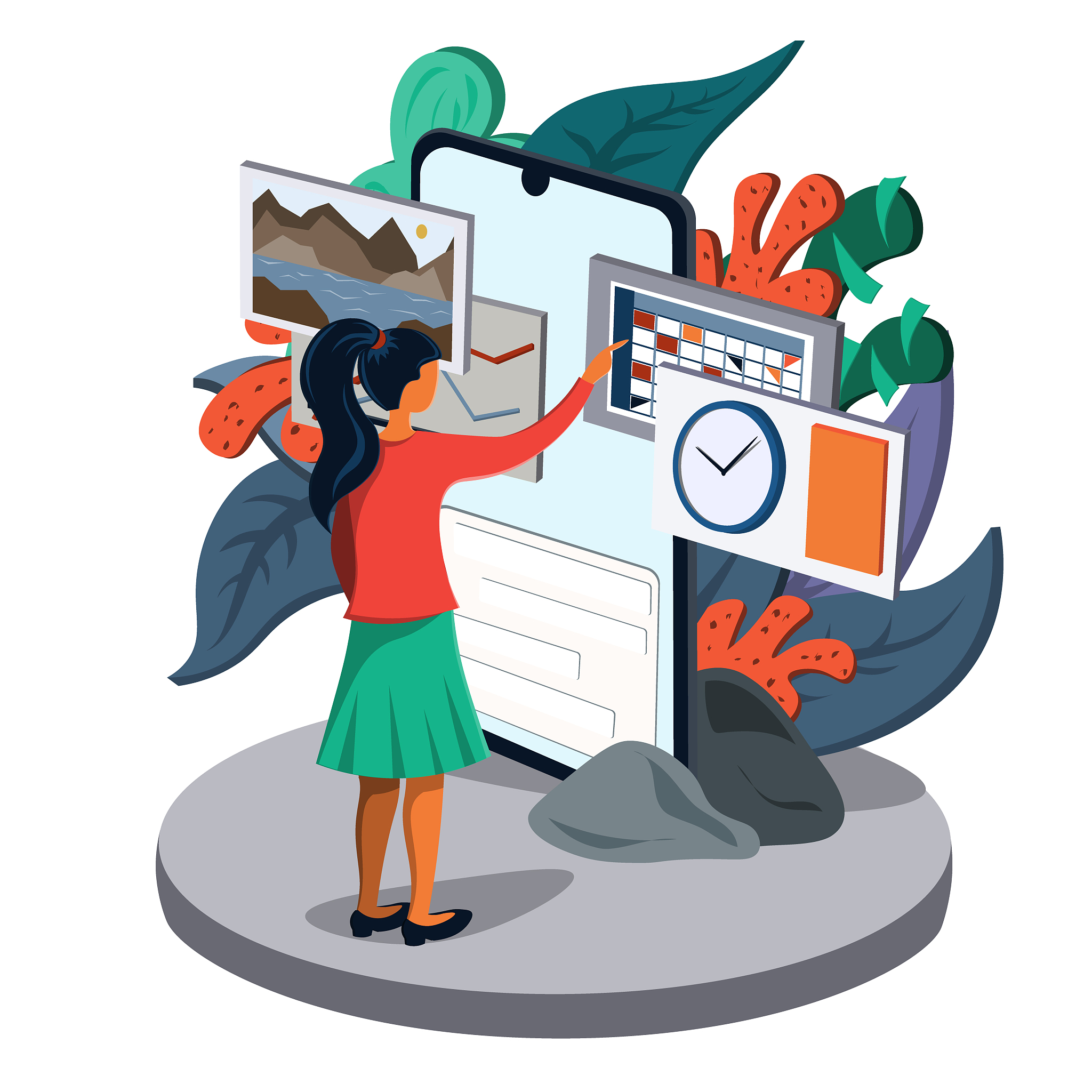 young woman controls mobile apps, pop-up info windows. illustrat