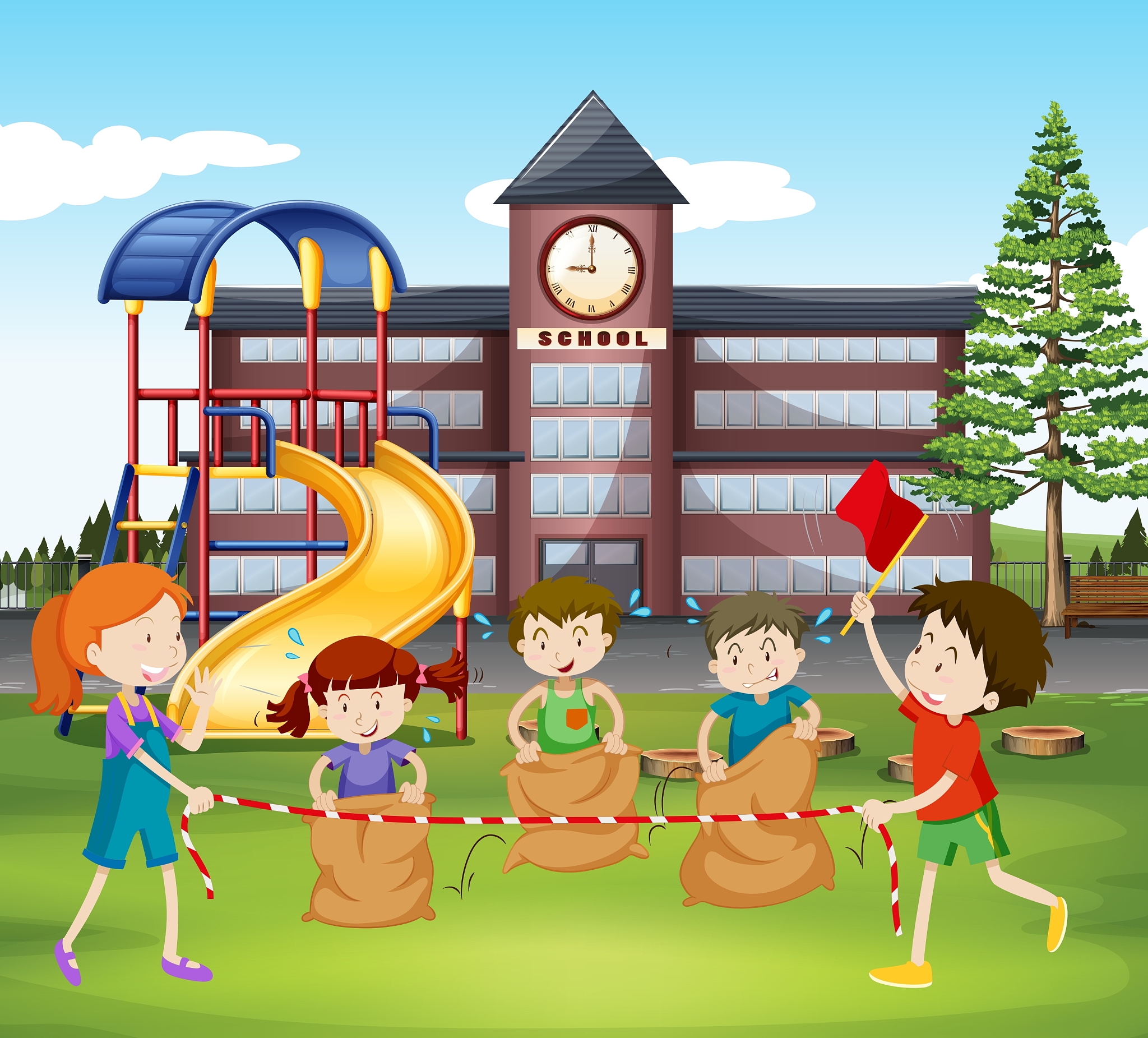 children jumping sacks at school