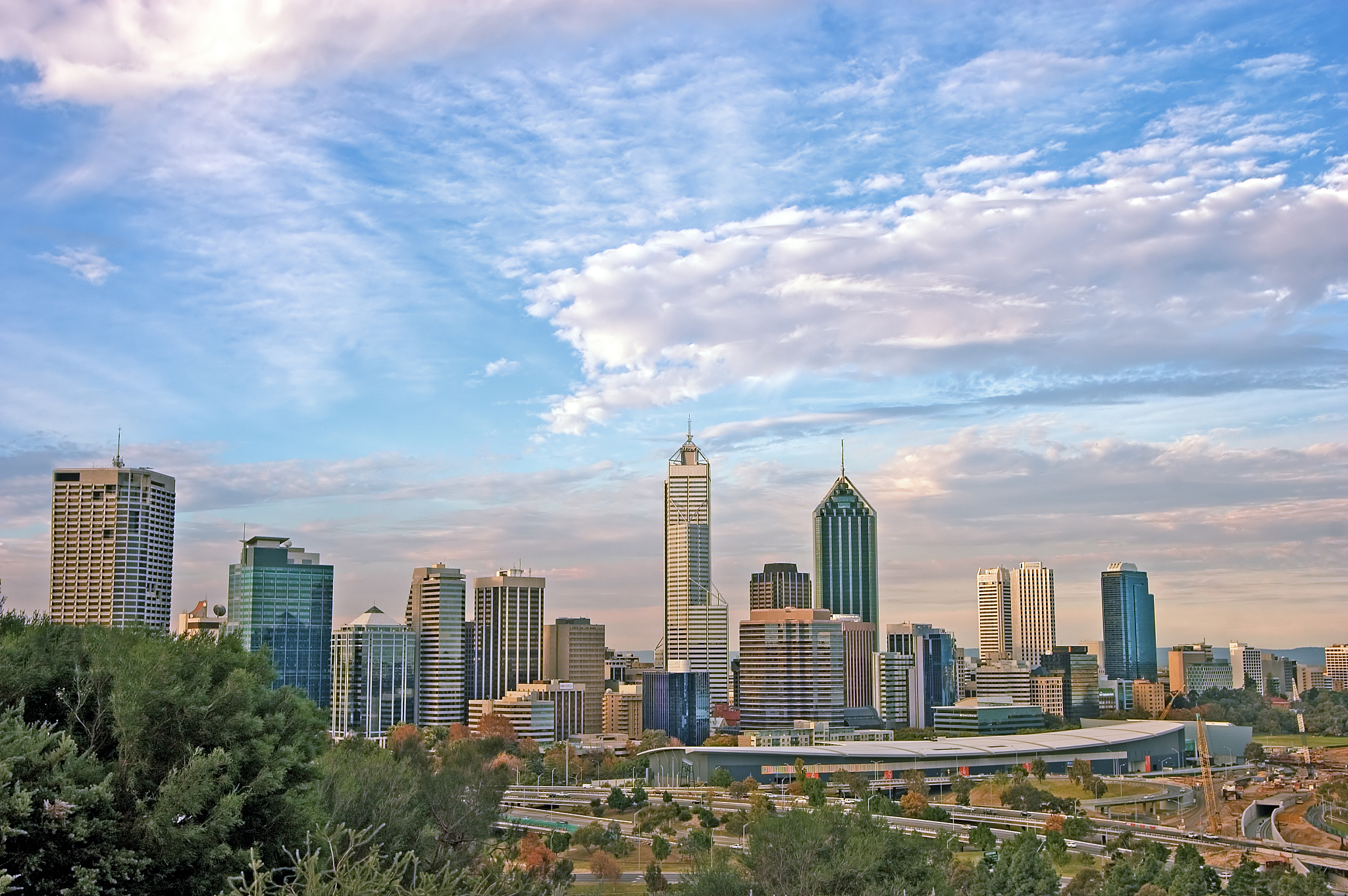 perth city skyline evening framed by native bush