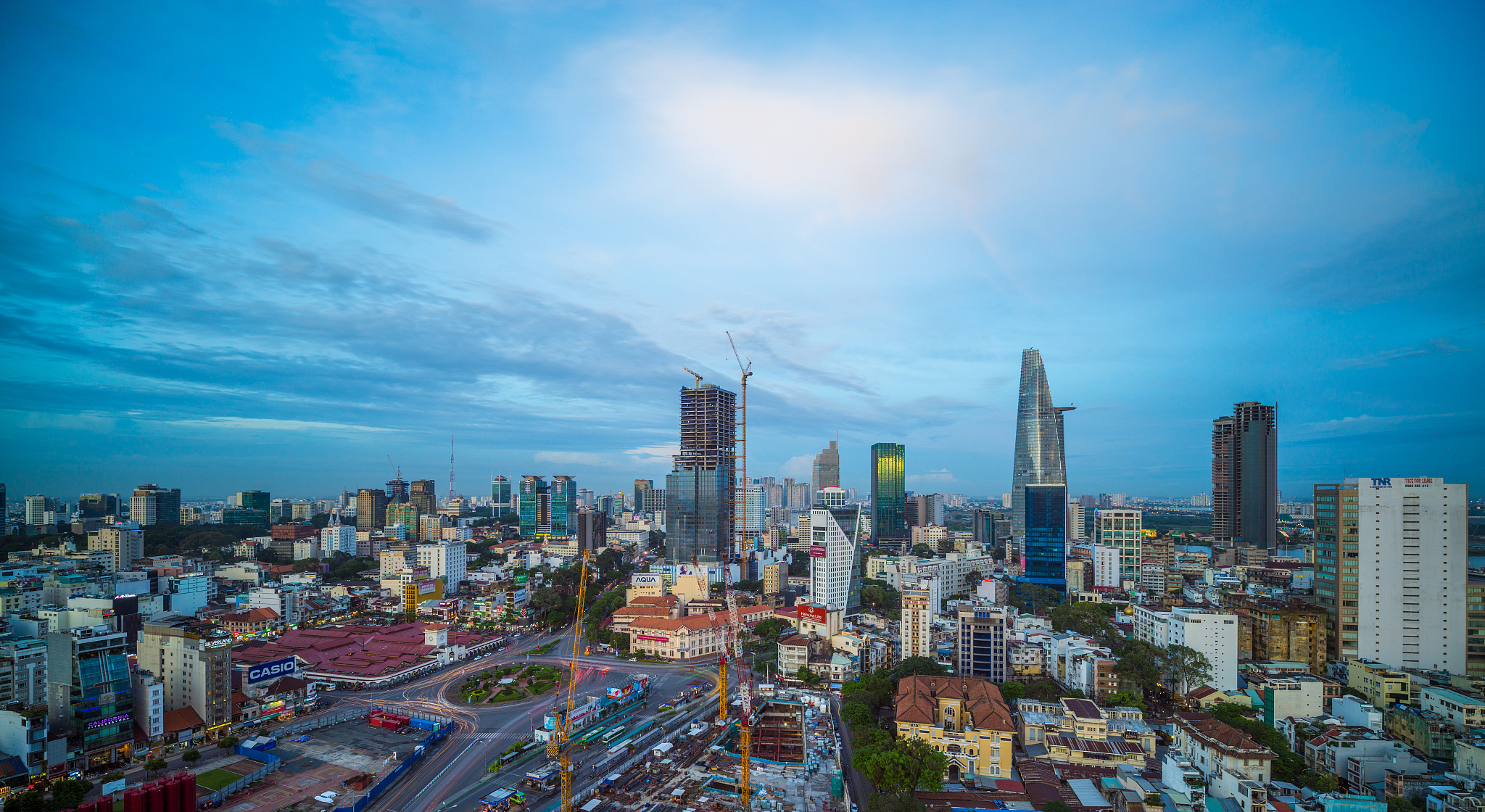 night view of sai gon cityscape at downtown of ho chi minh city,