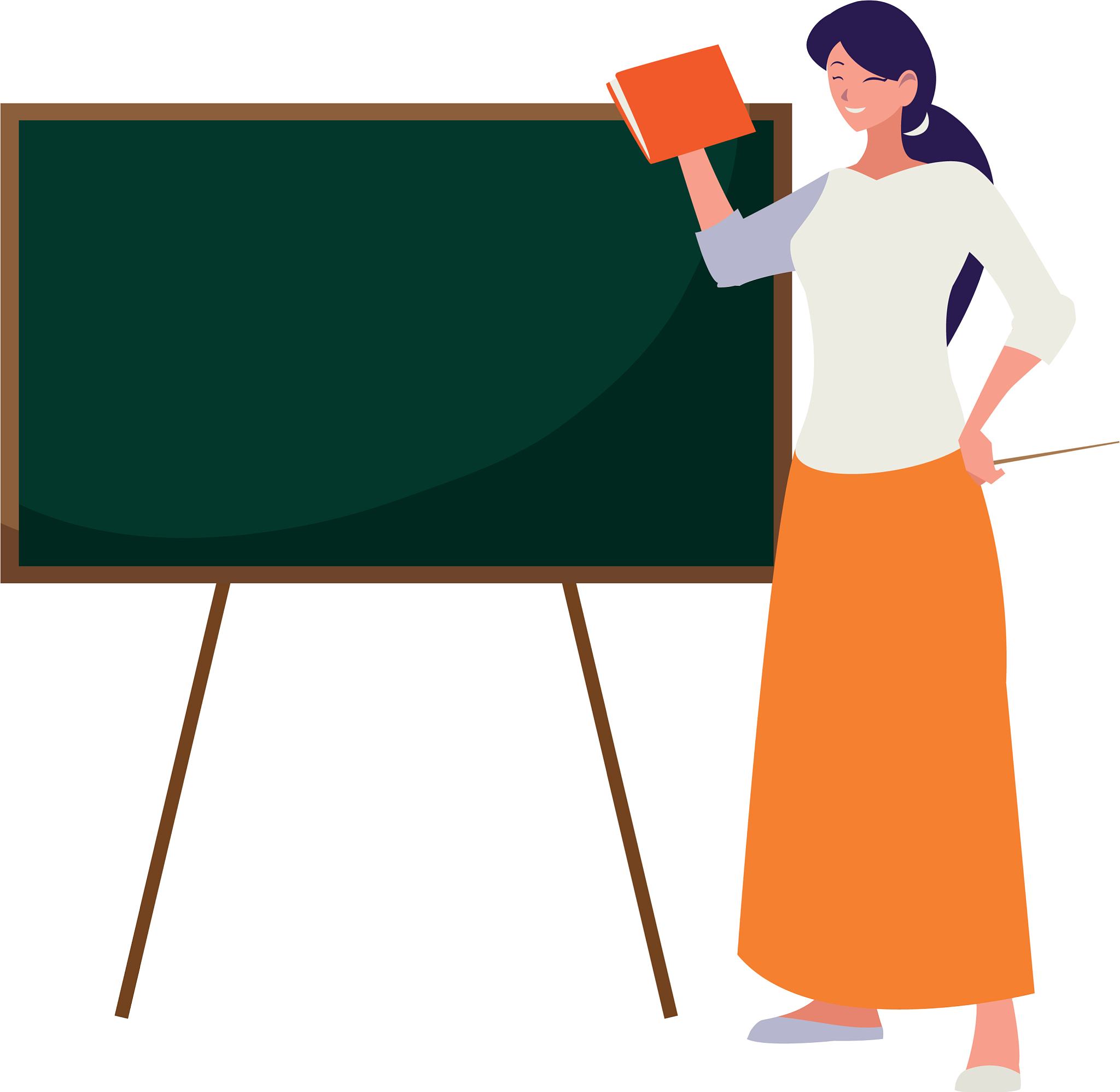 female teacher with textbook and chalkboard