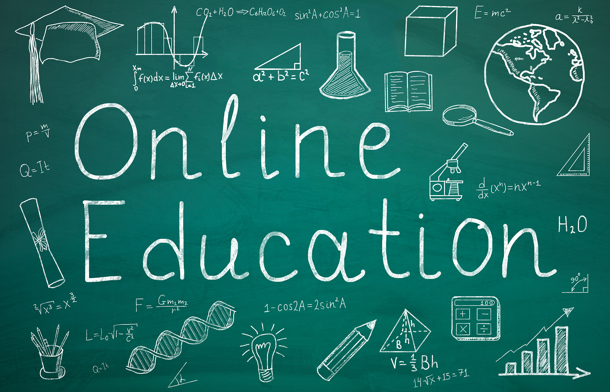 online education text on green chalkboard
