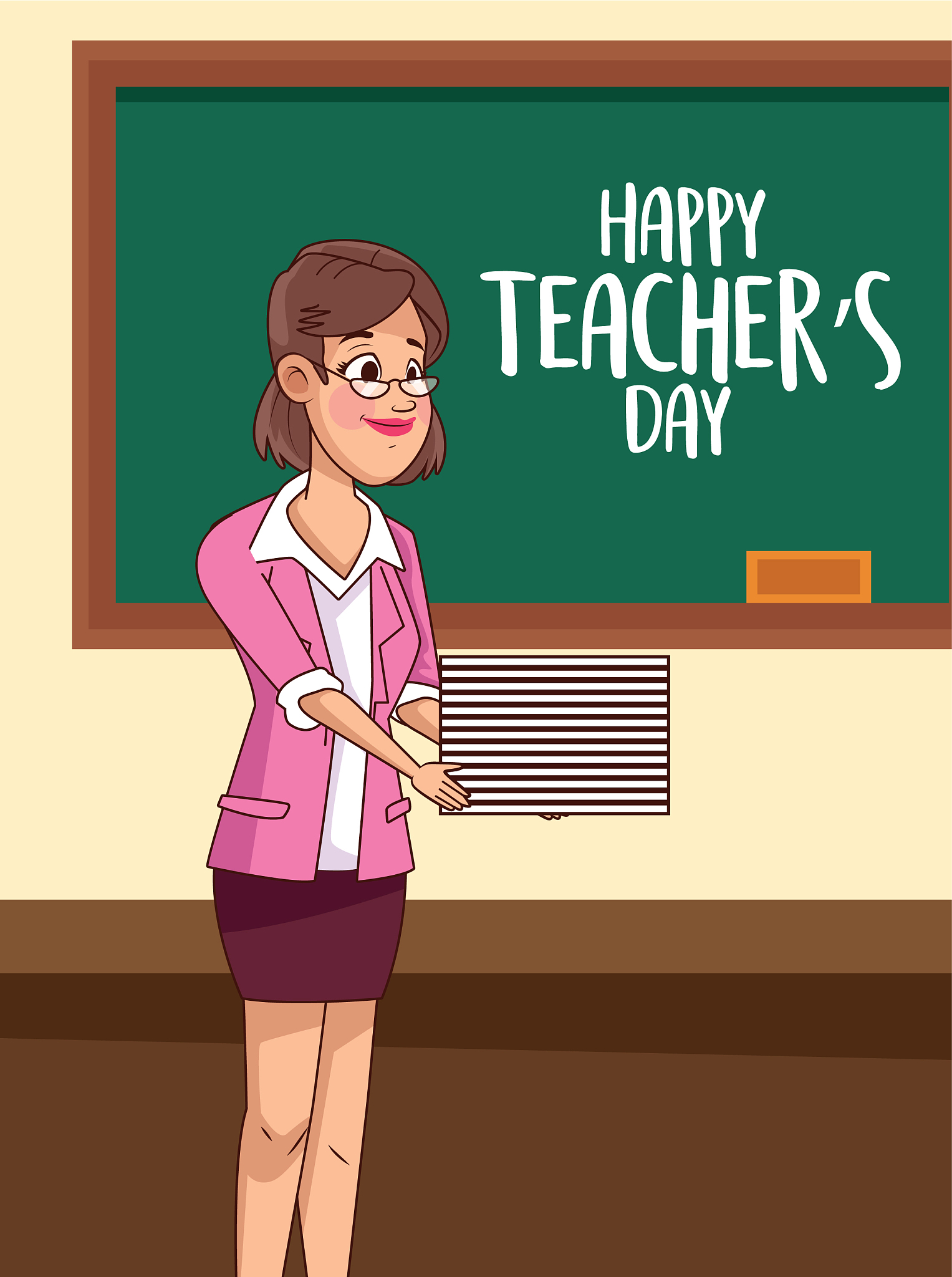 happy teachers day card with teacher in classroom