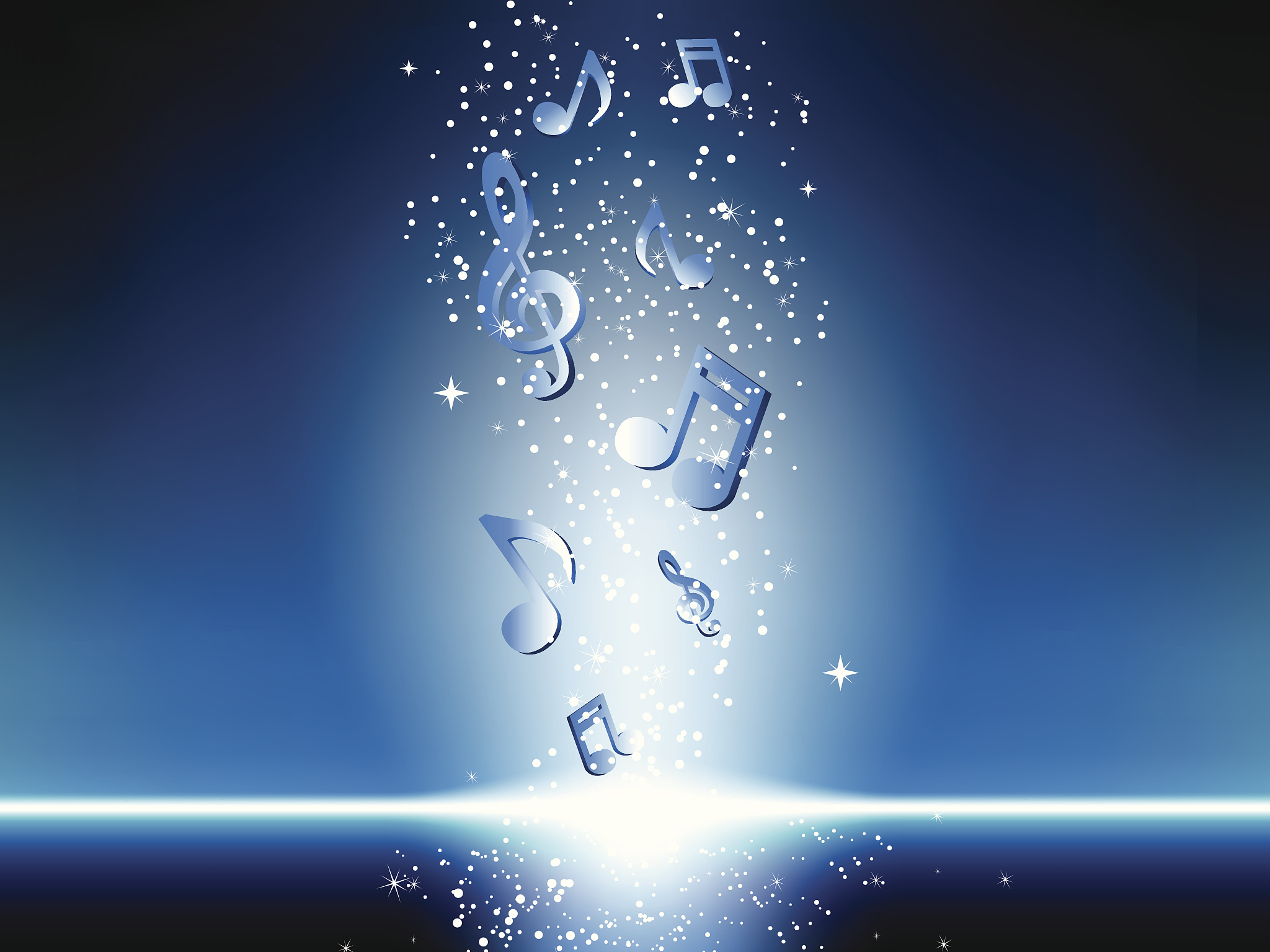 blue background with music notes and stars.