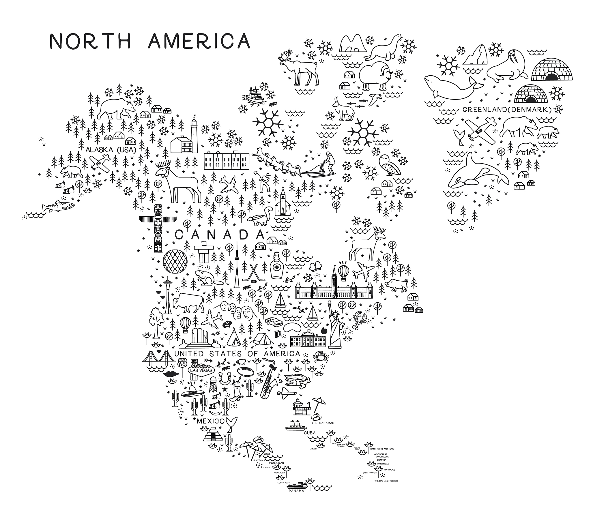 north america travel line icons map travel poster