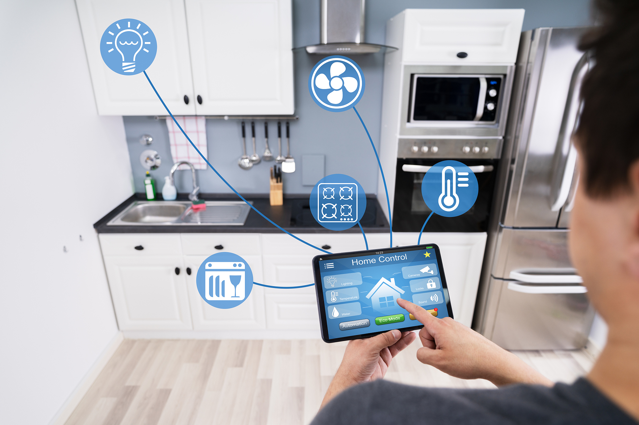 person using smart home application on smartphone