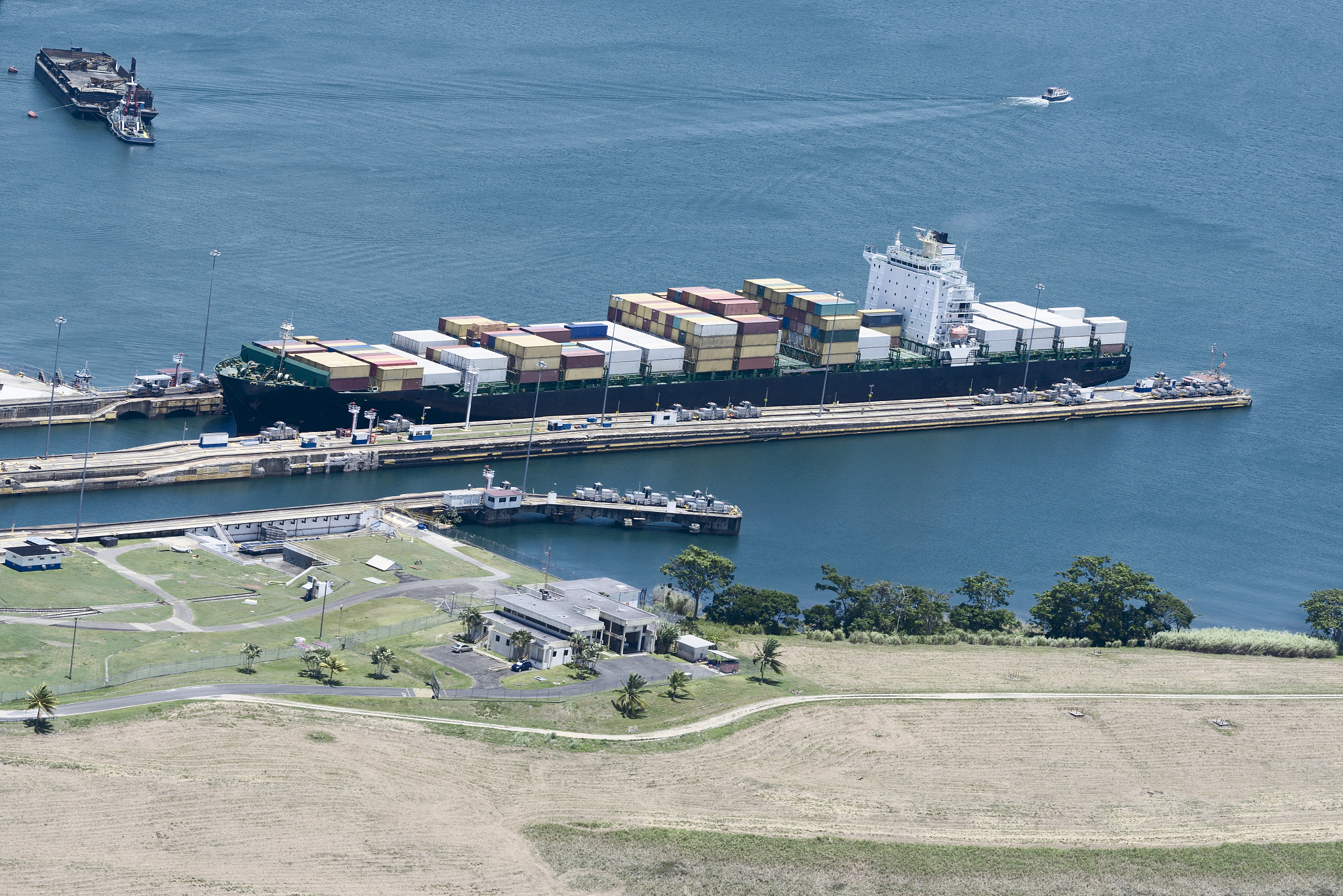 large cargo ship exiting gatun locks, panama canal
