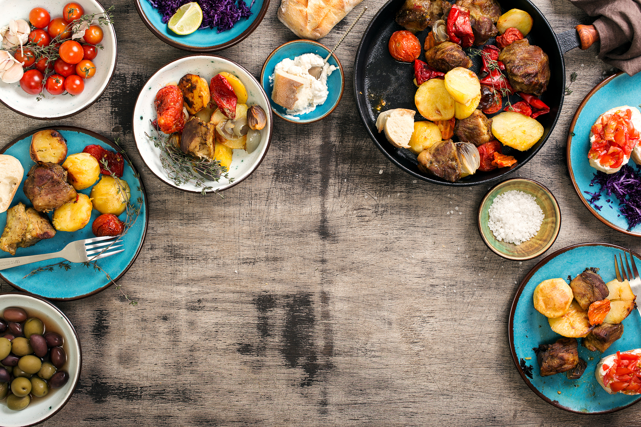 dinner table with variety food, top view