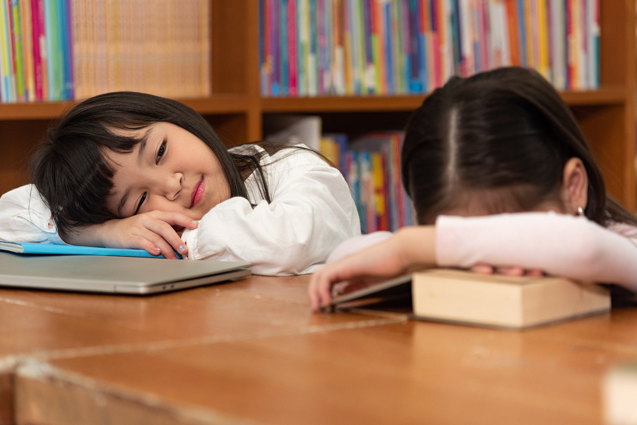 education image,asian children happy learning in library at scho