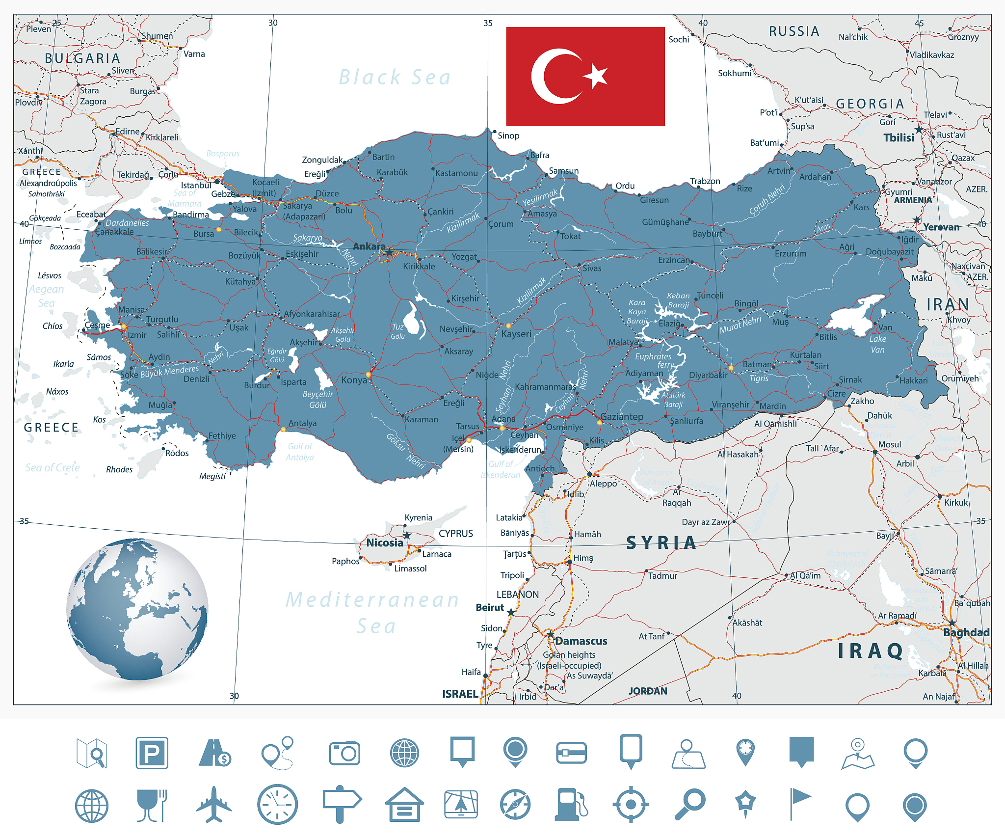 detailed road vector map of turkey and navigation icons