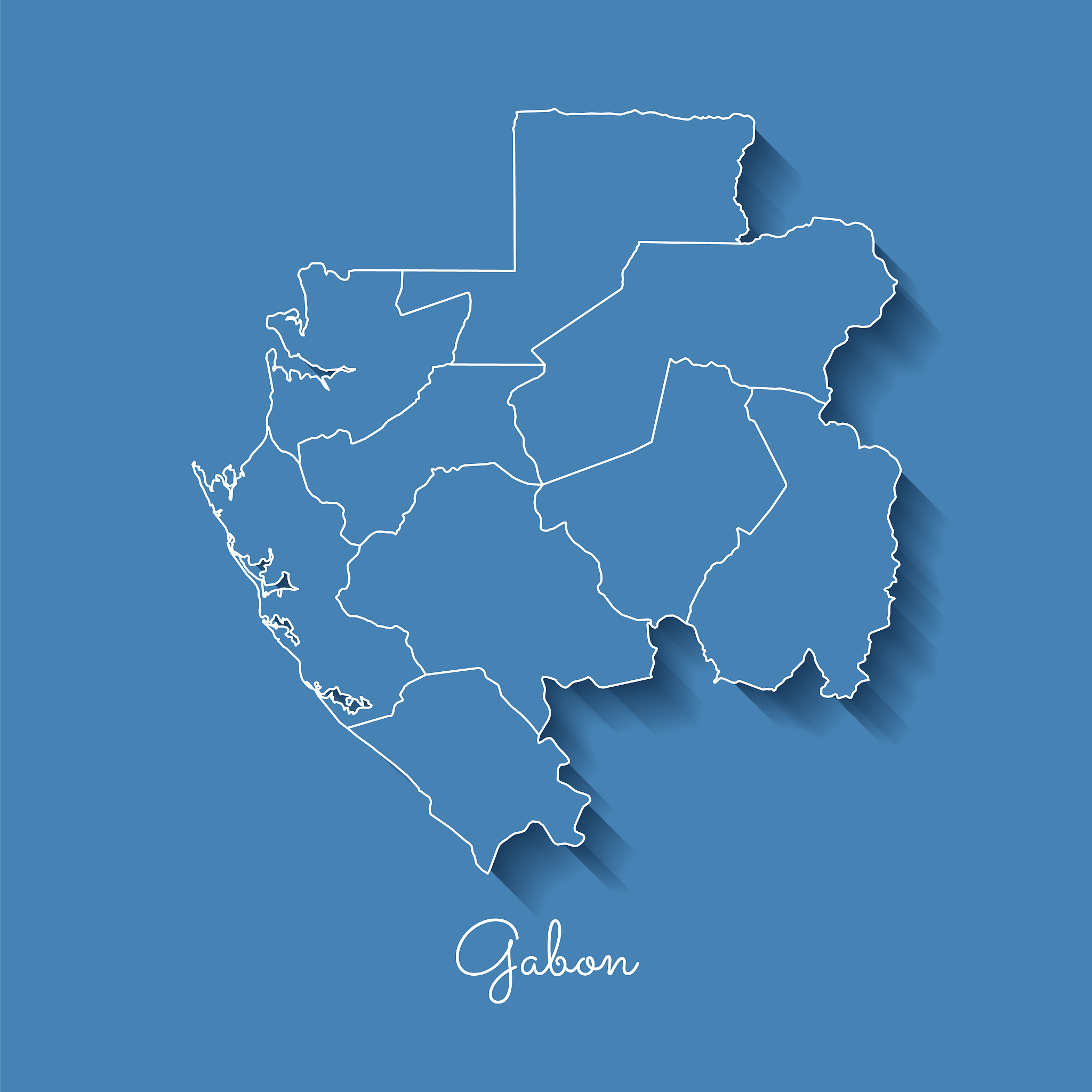 gabon region map: blue with white outline and shadow on blue bac