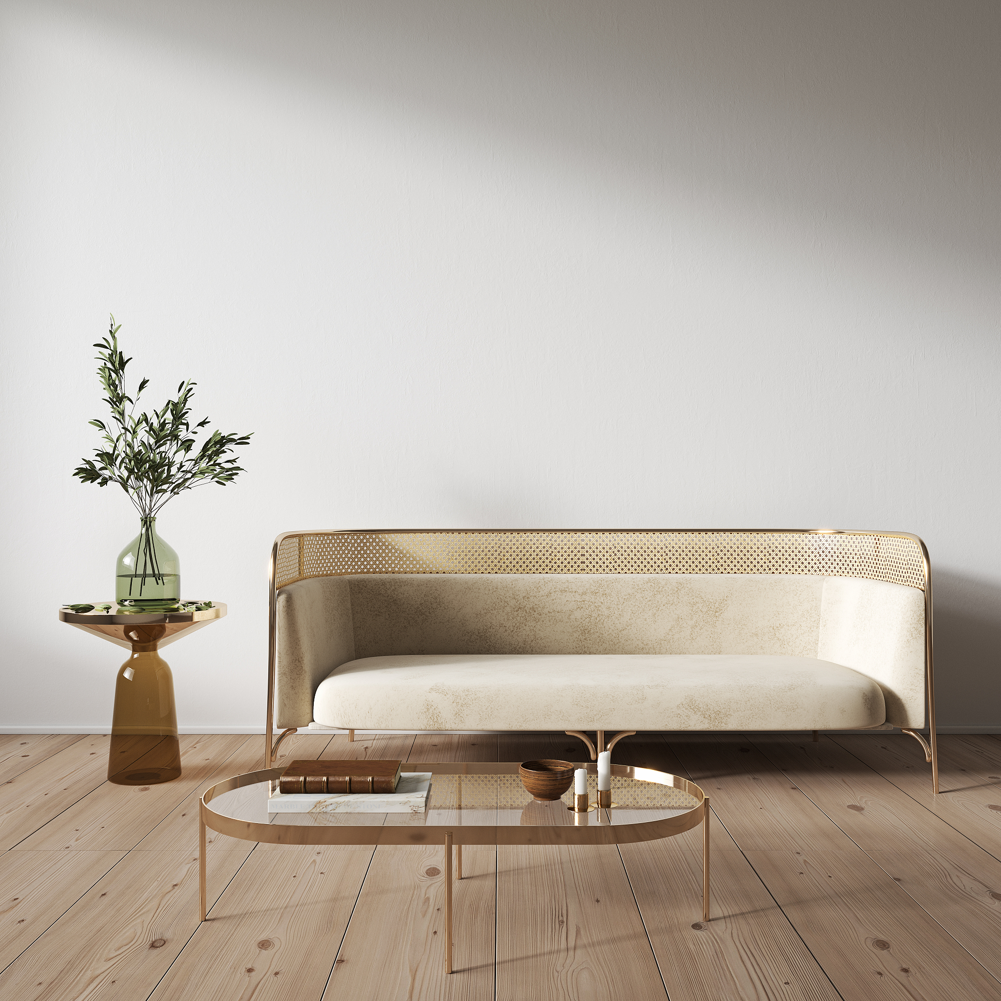 white interior with sofa and decor. 3d render illustration mock 