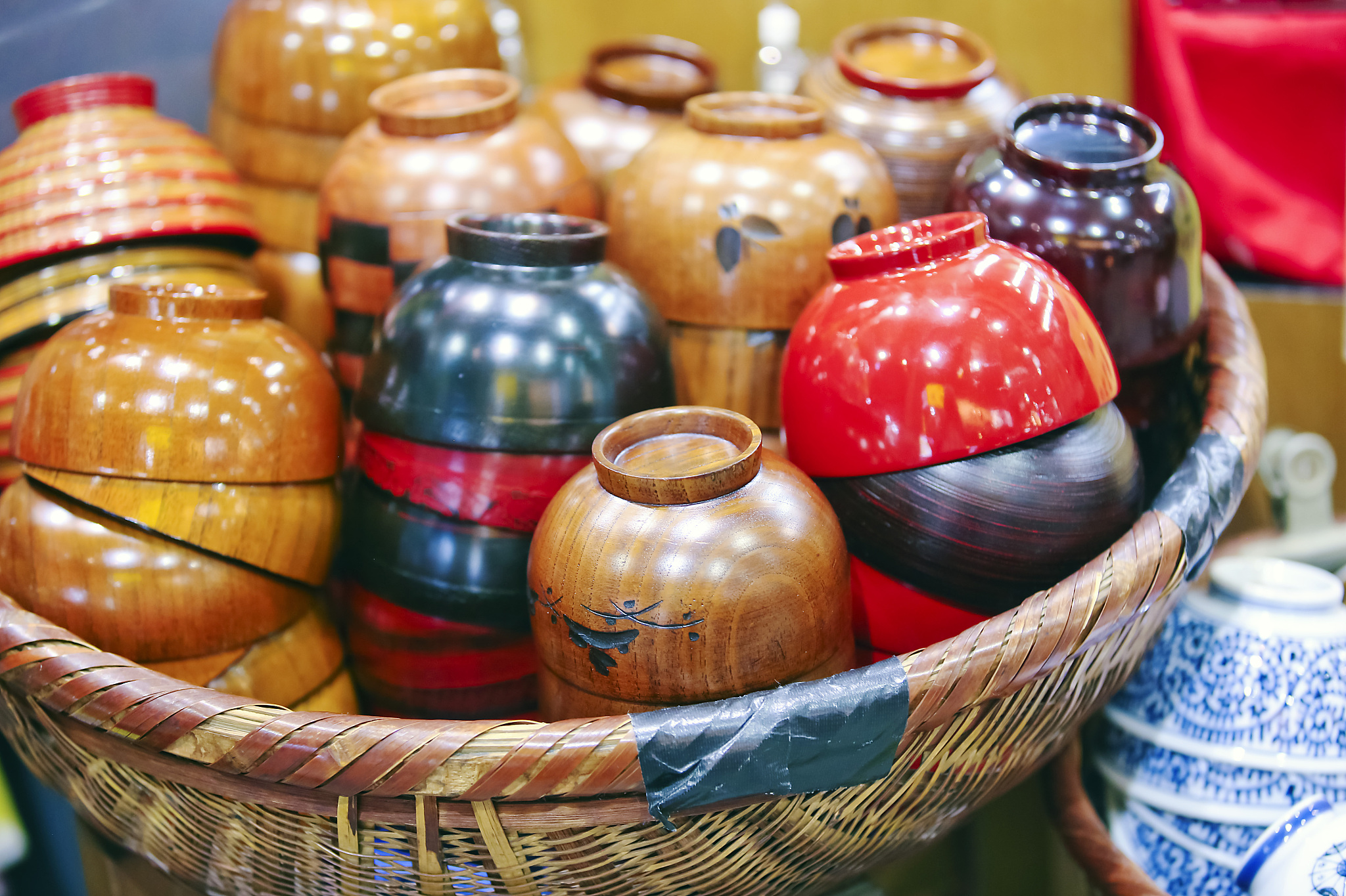 japanese wooden bowls being sold on roadside