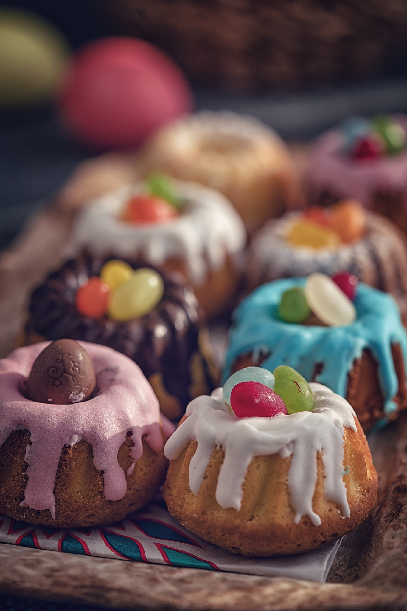 small easter bunt cakes with icing and sweets