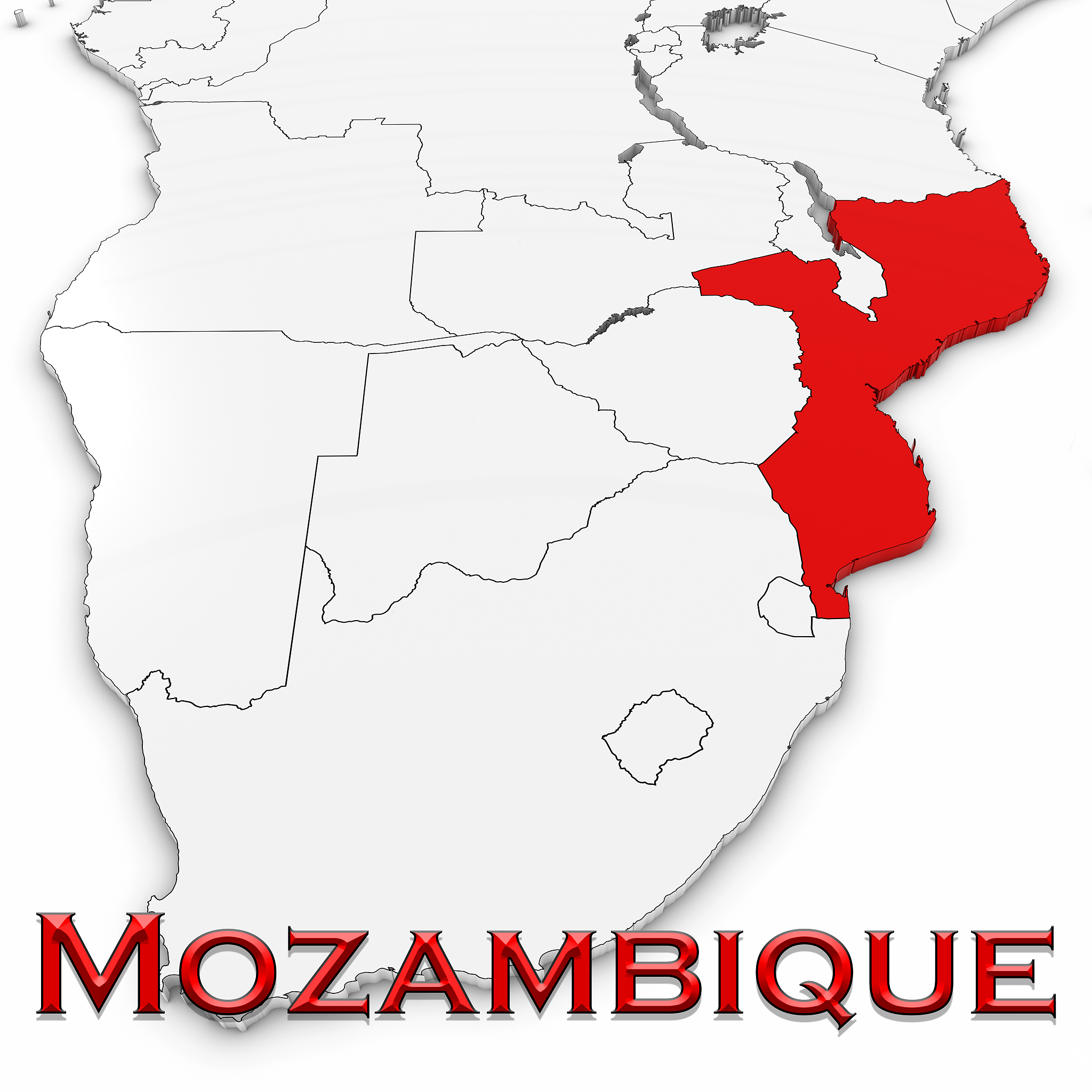 3d map of mozambique with country name highlighted red on white 