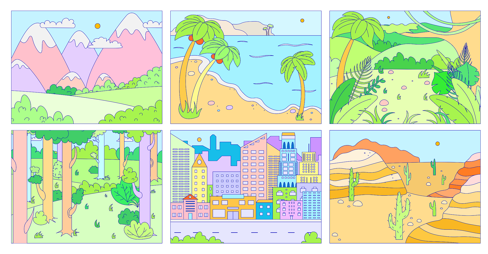 landscape background, outdoor nature and city in flat style, env