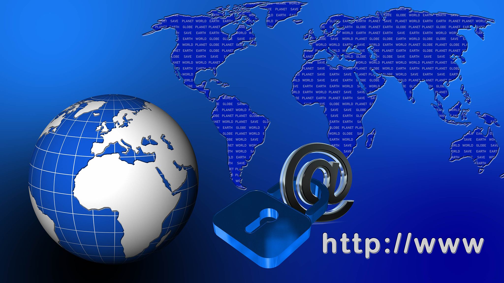 world map and earth globe - at sign with closed padlock