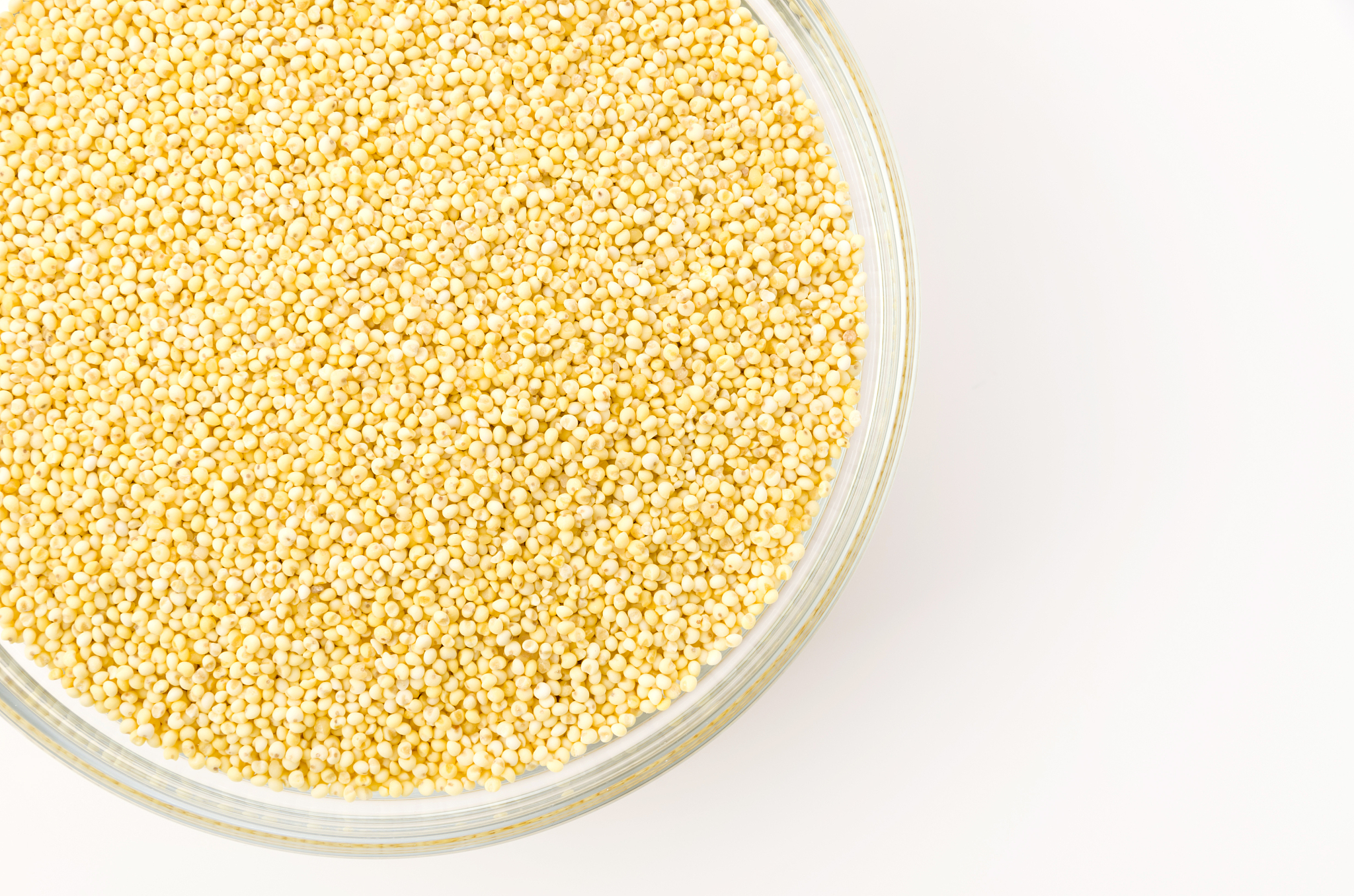 glutinous millet in glass bowl on white background