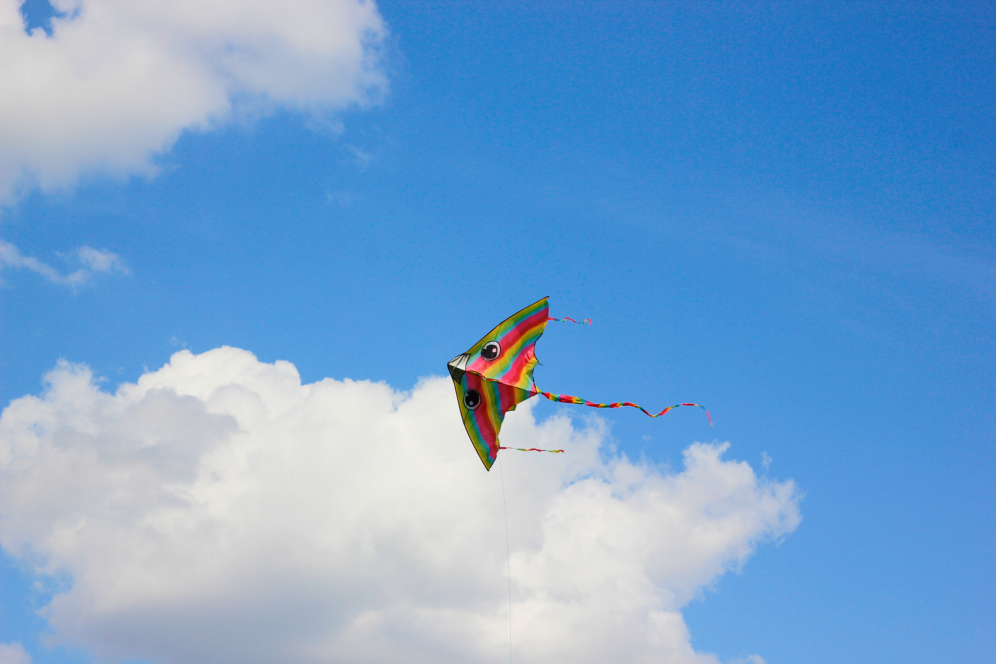 bright kite flying in the clouds and blue sky in the background.