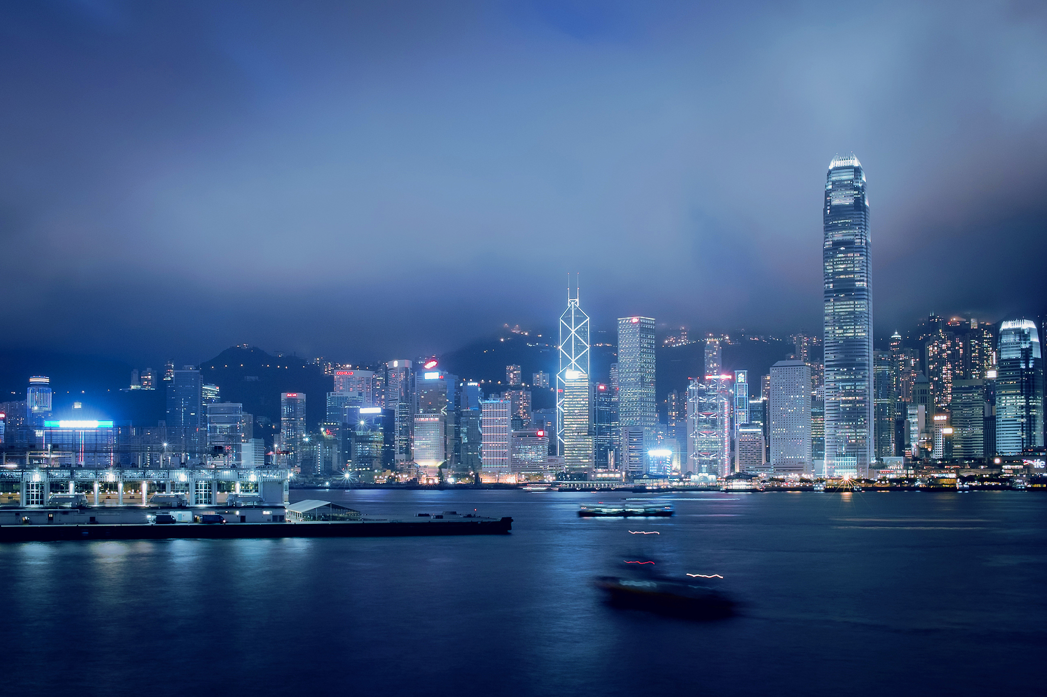 city skyline at night, hong kong, china
