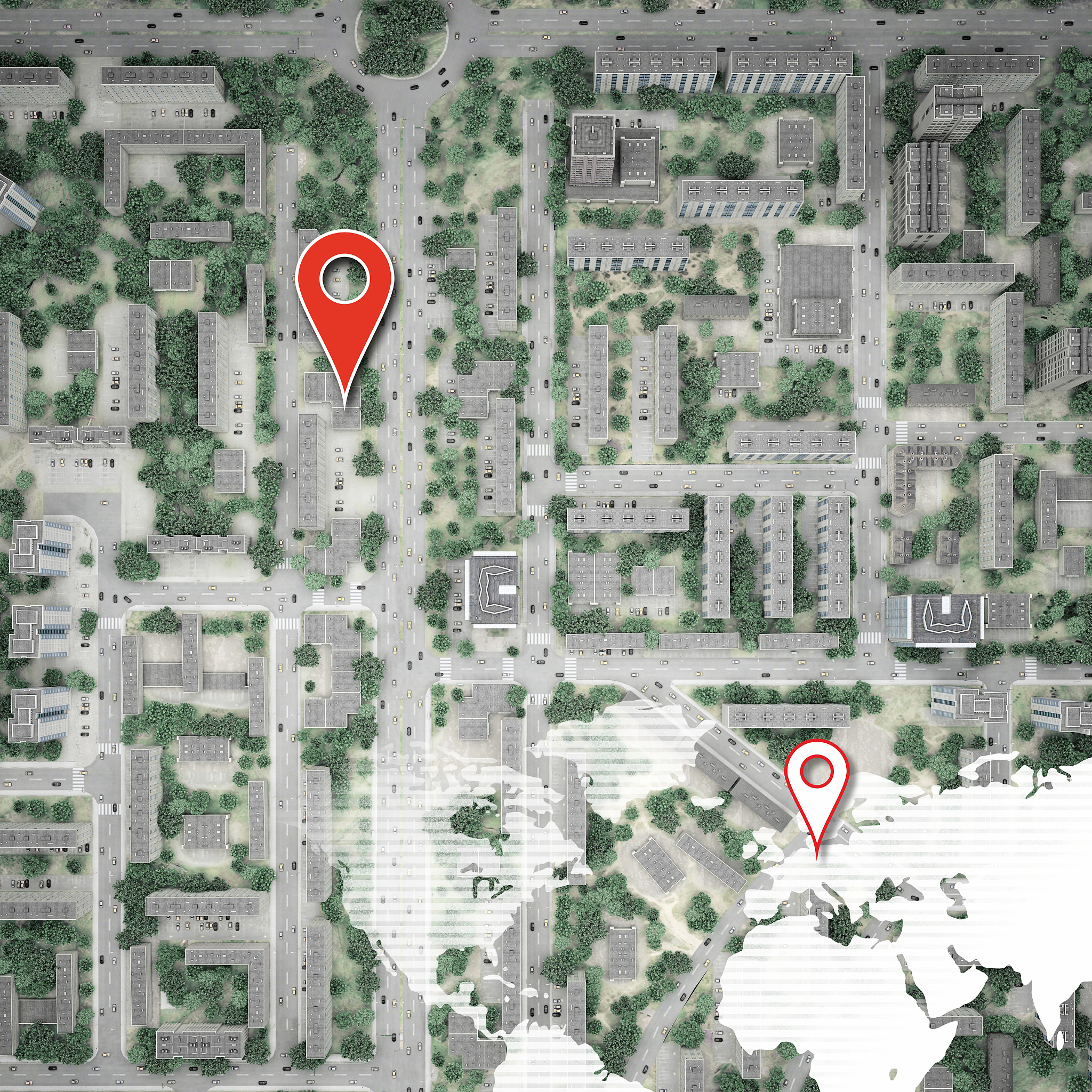 city top view with pin mark