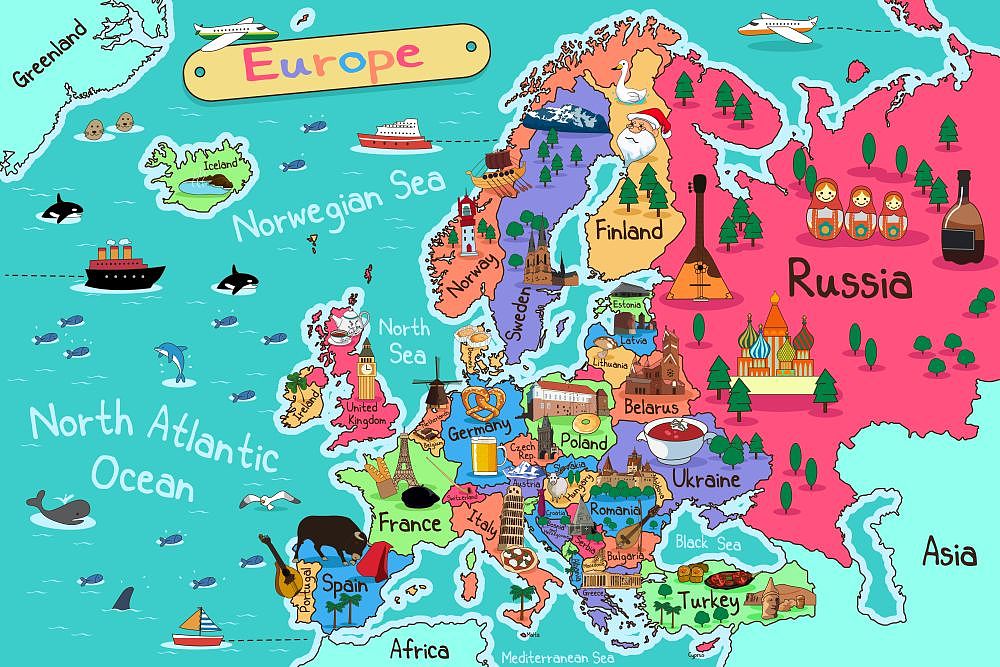 a vector illustration of europe map in cartoon style