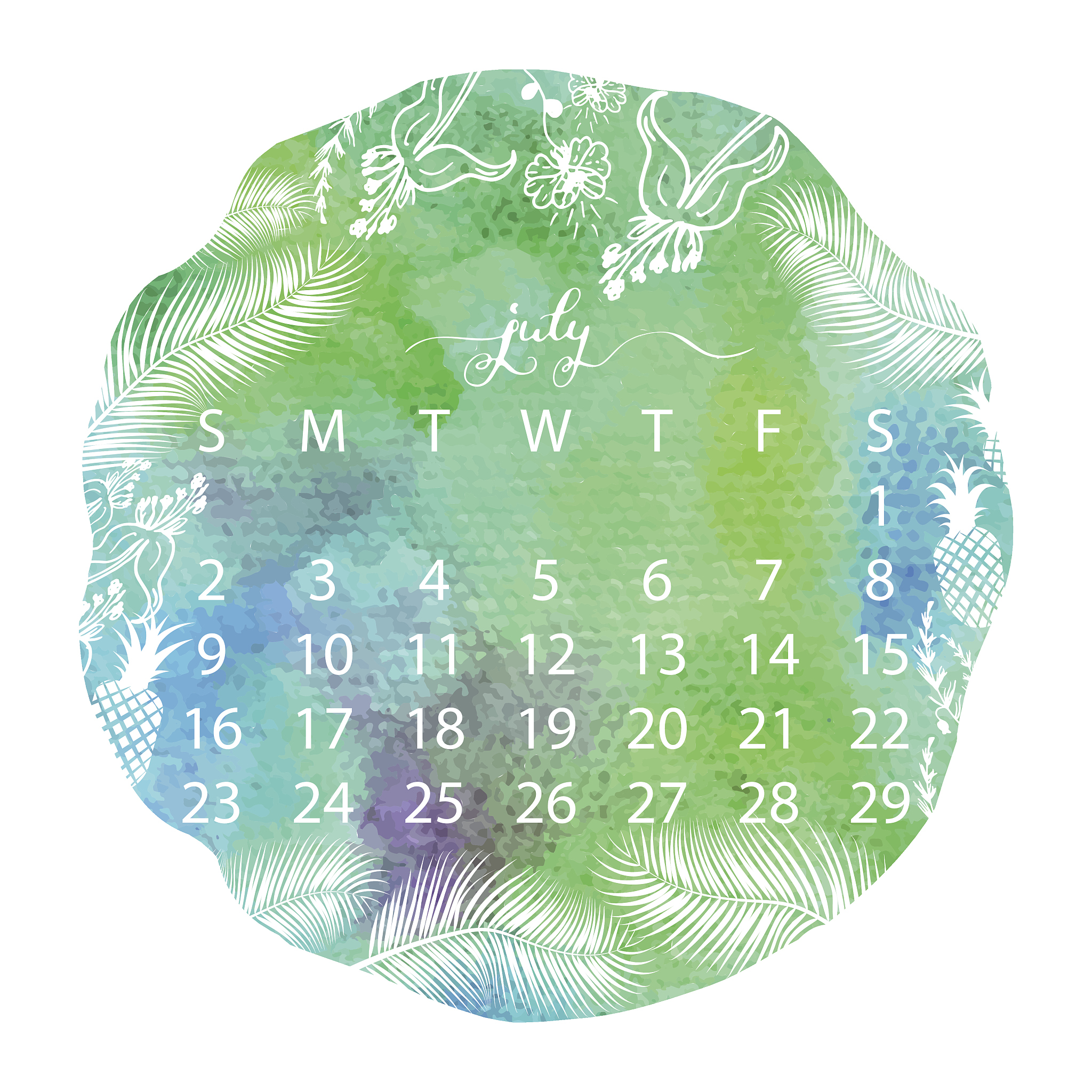 watercolor texture calendar. july handwritten calligraphy