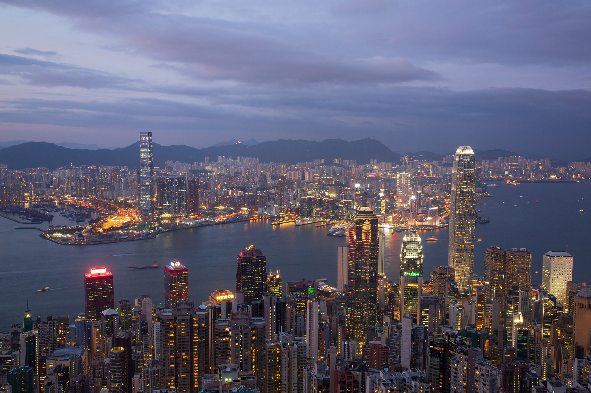 night aerial view of hong kong