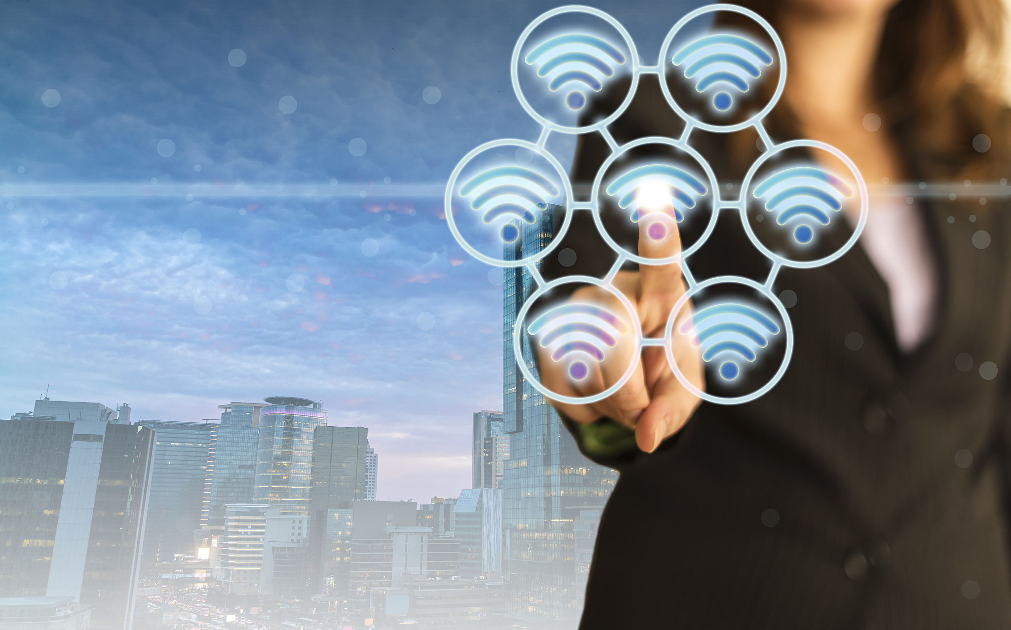 smart city and internet of things. business person and technolog