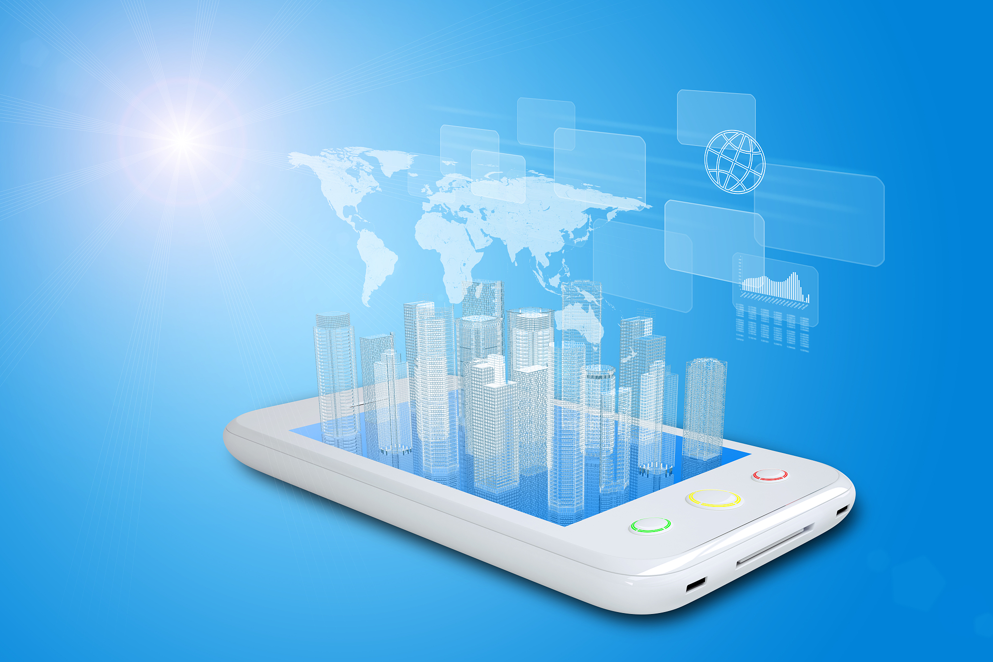 white smartphone with virtual cityscape
