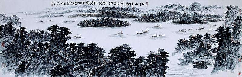 湖北山水画欣赏：黄鹤楼、山峰、湖泊与村庄的诗意描绘