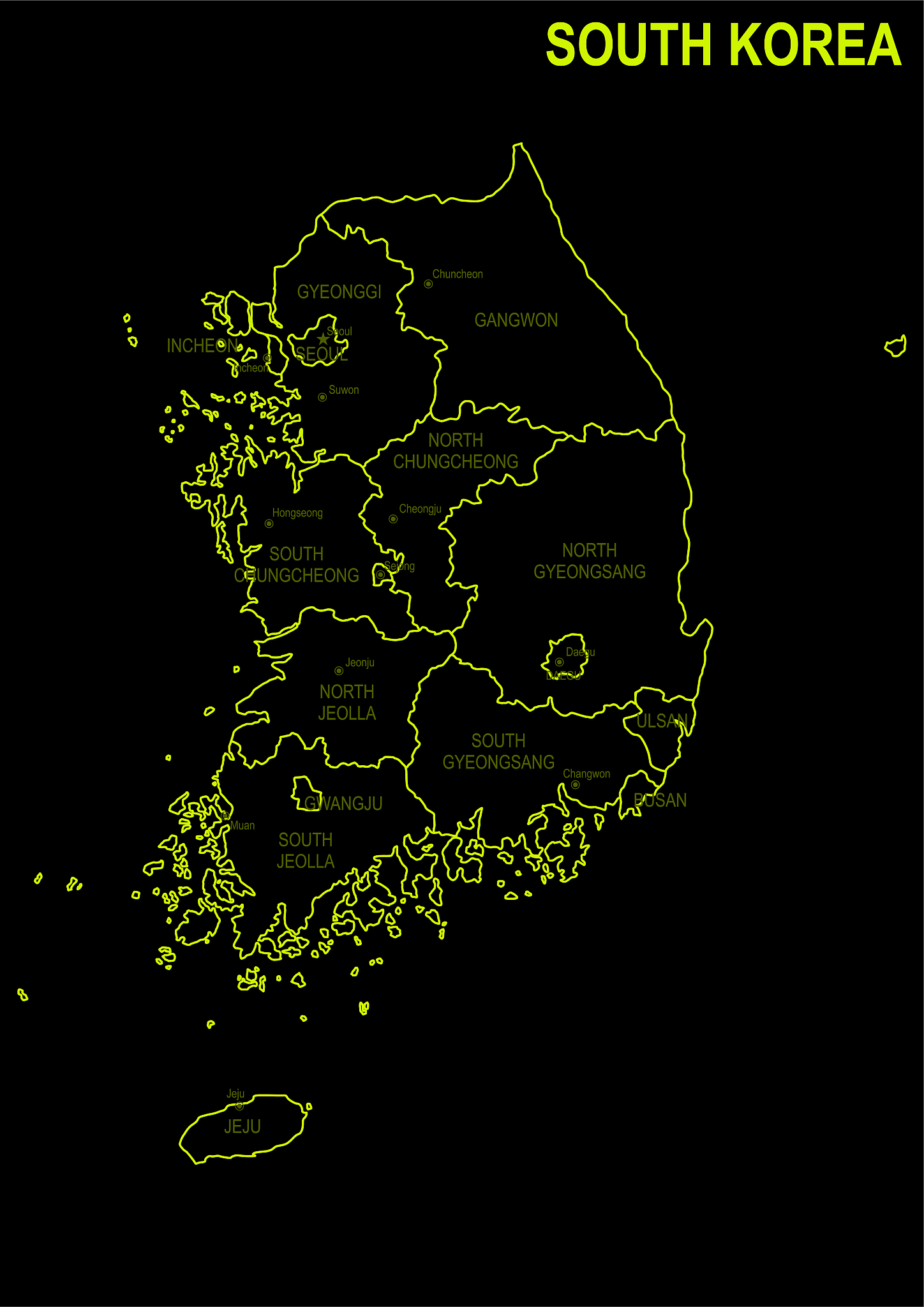neon map of south korea   against black background