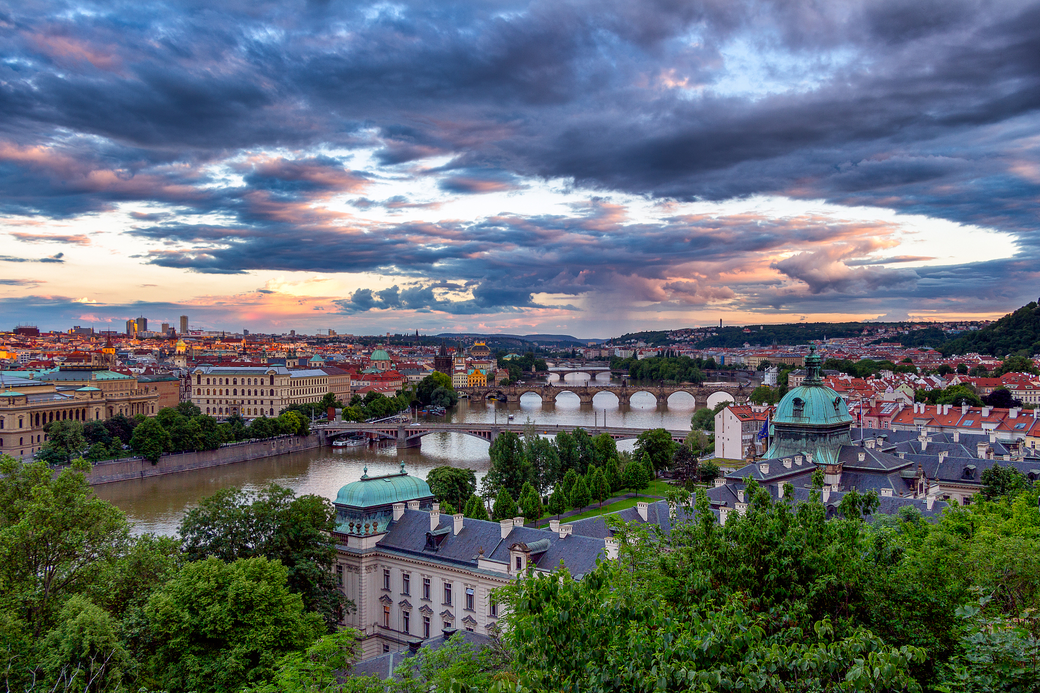 view of bridges on vltava, prague at dusk, czech republic