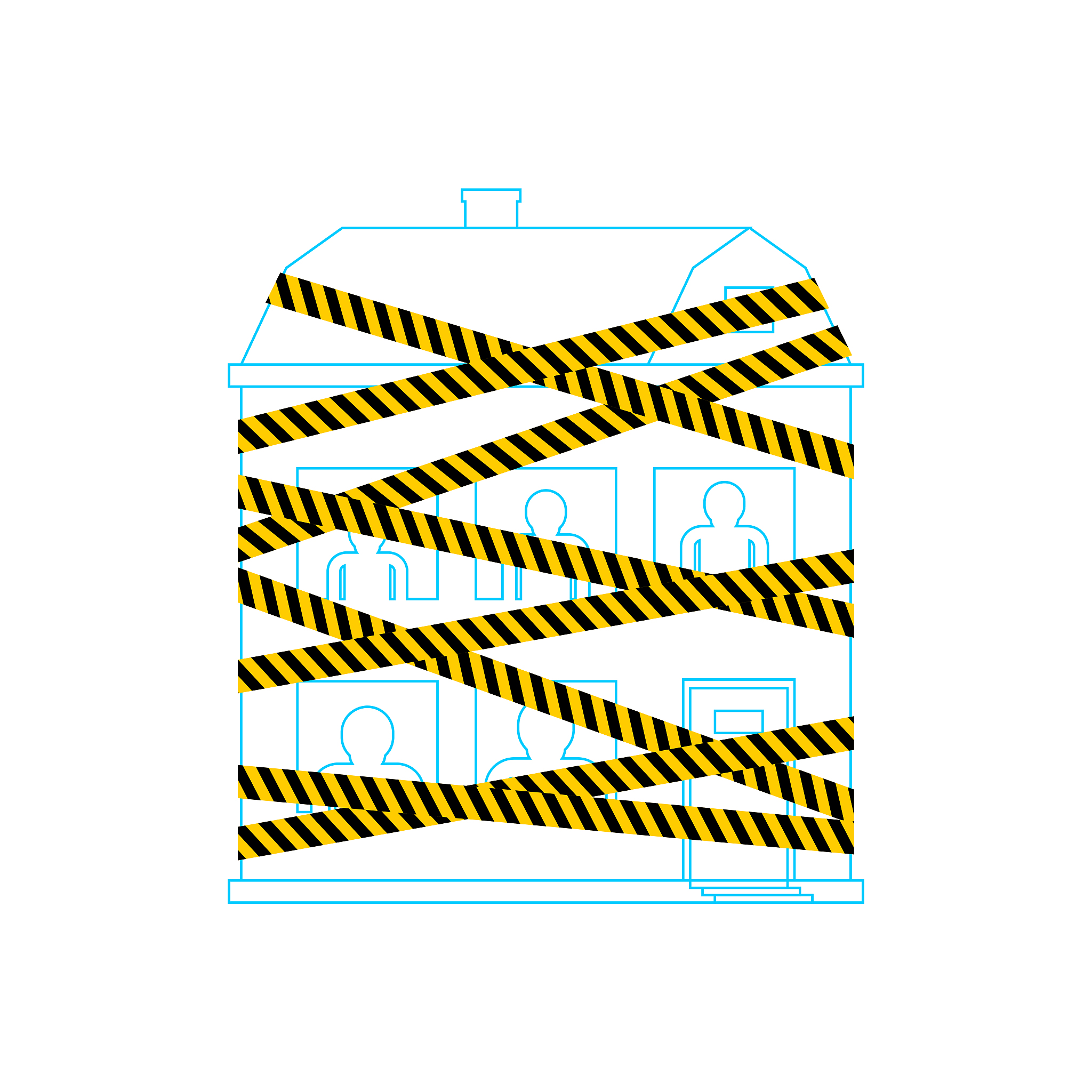 house on self-isolation. house wrapped in yellow tape. attention