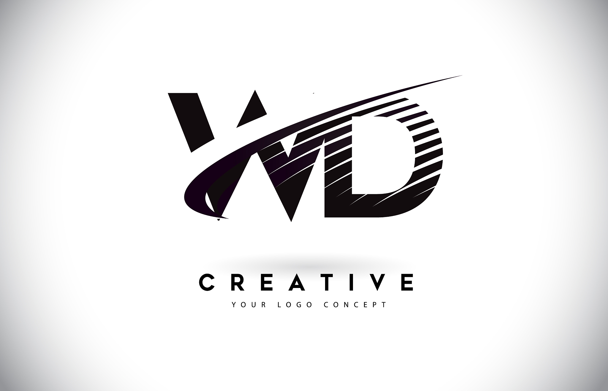 wd w d letter logo design with swoosh and black