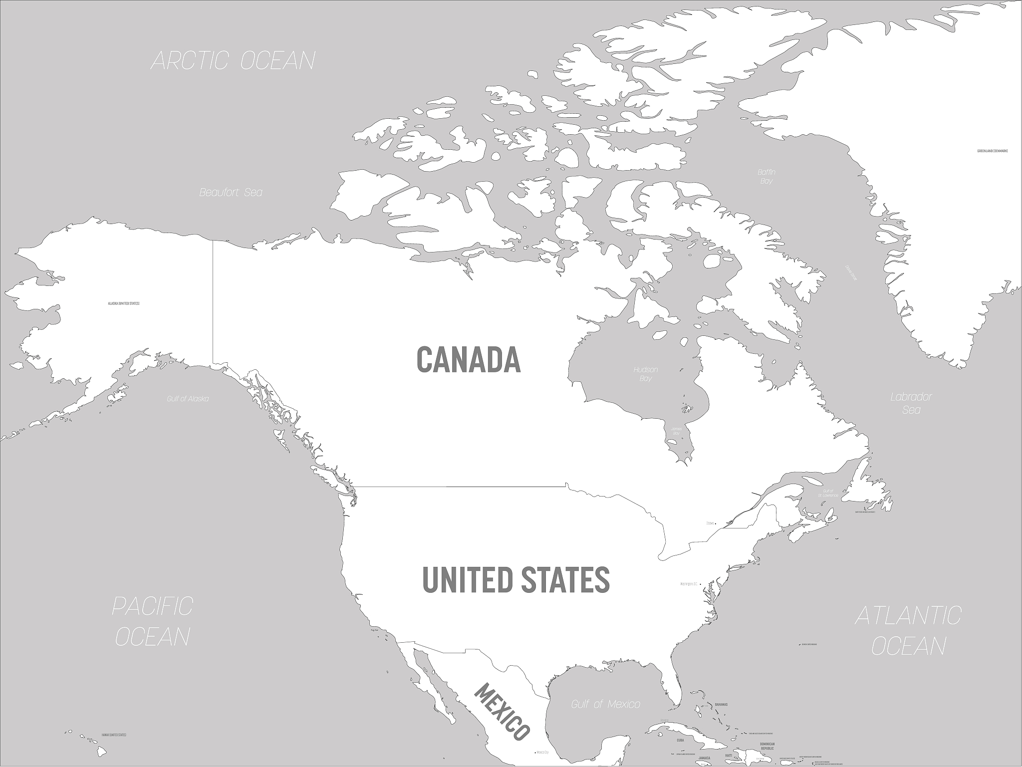 north america map - white lands and grey water. high detailed po