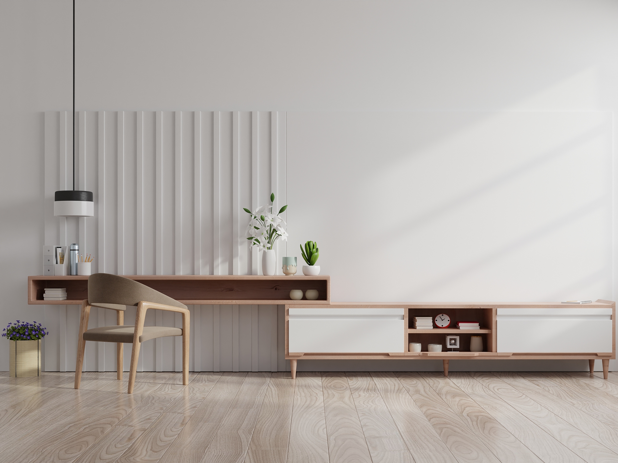 modern living room interior armchair ,tv on cabinet in modern li