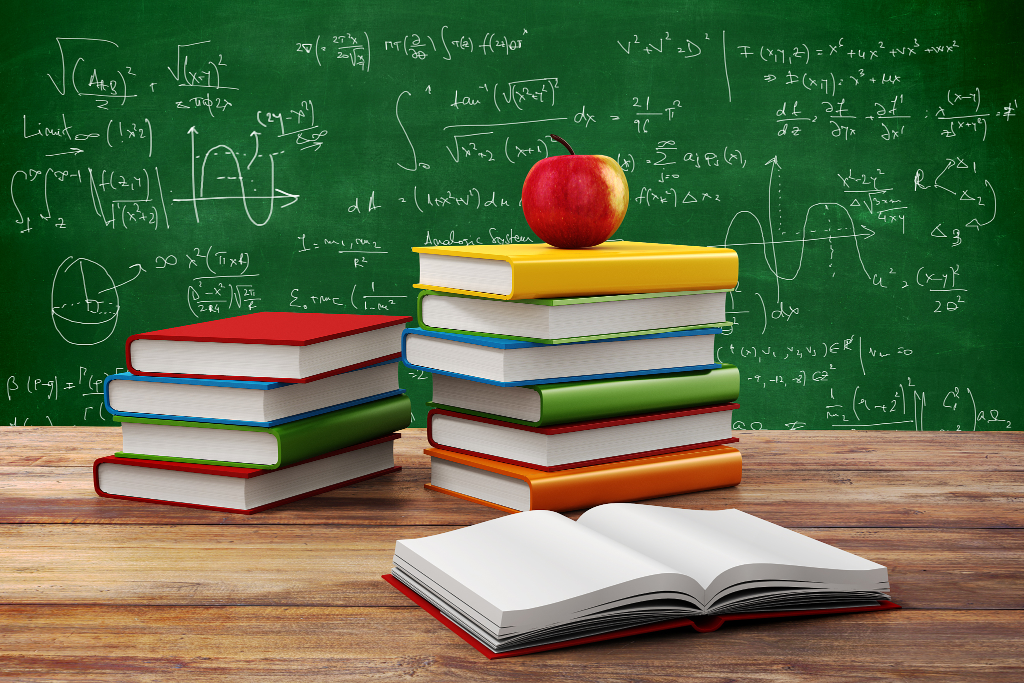 3d books and apple on white background