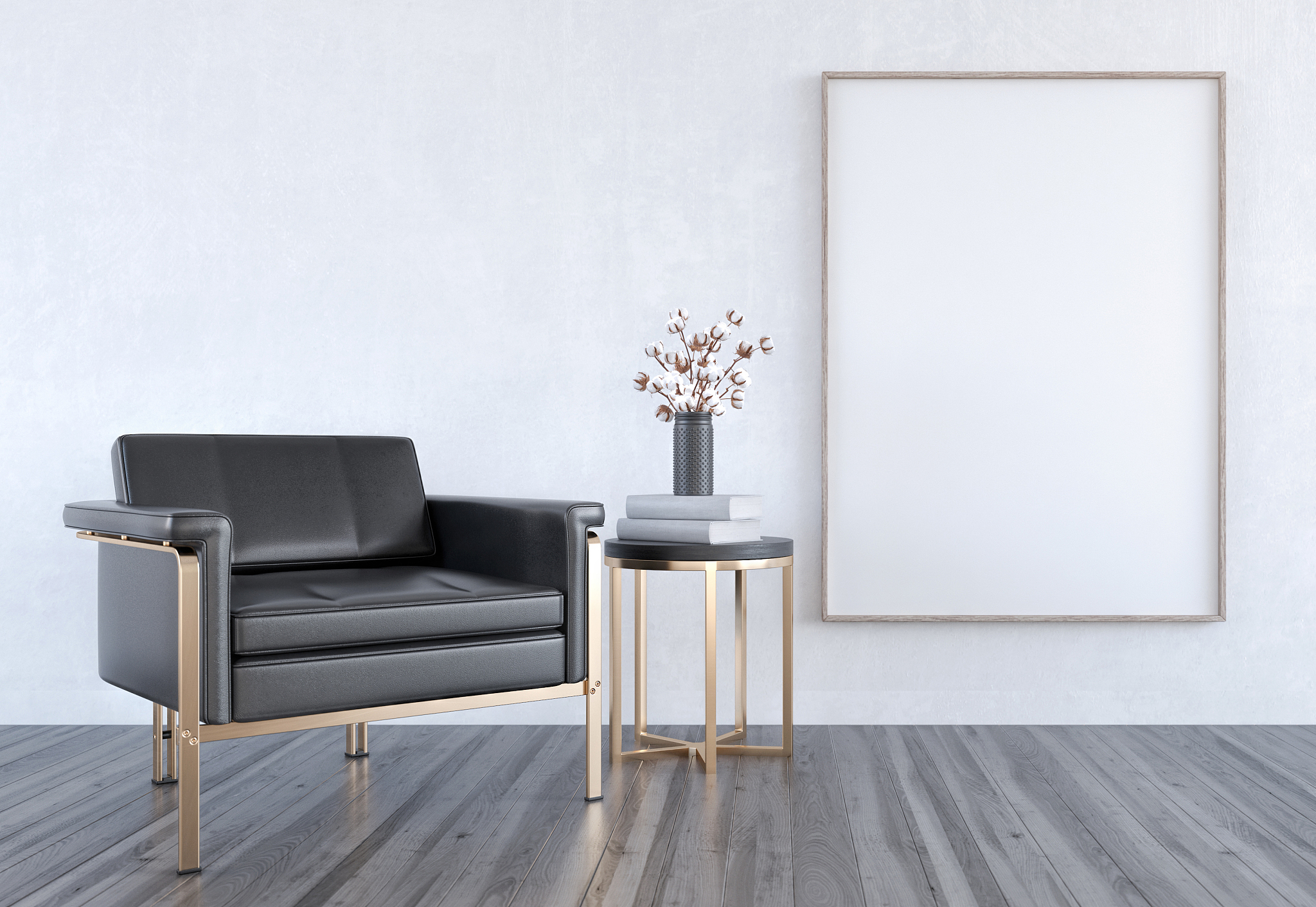 mock up black leather armchair in modern living room, interior d
