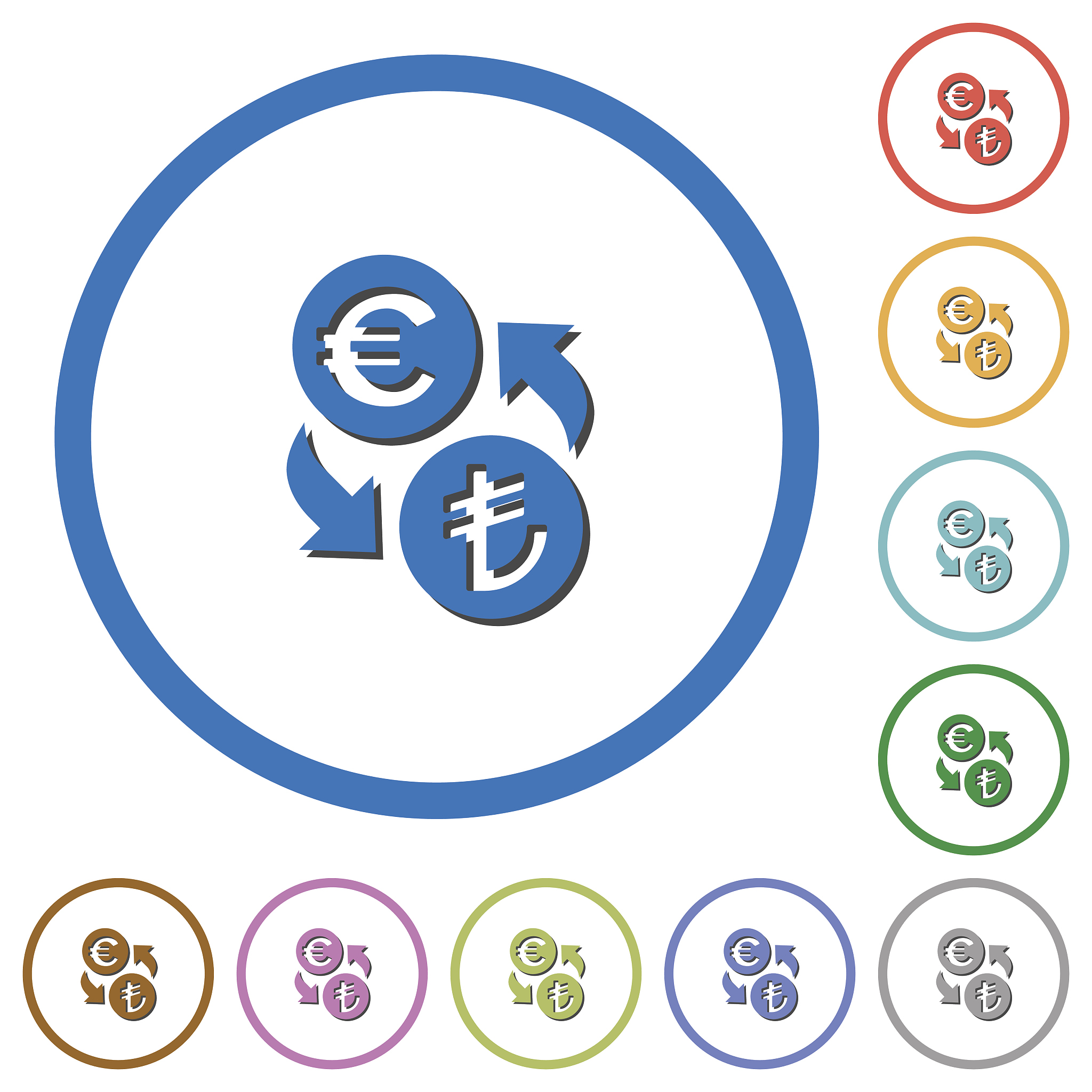 euro lira money exchange icons with shadows and outlines