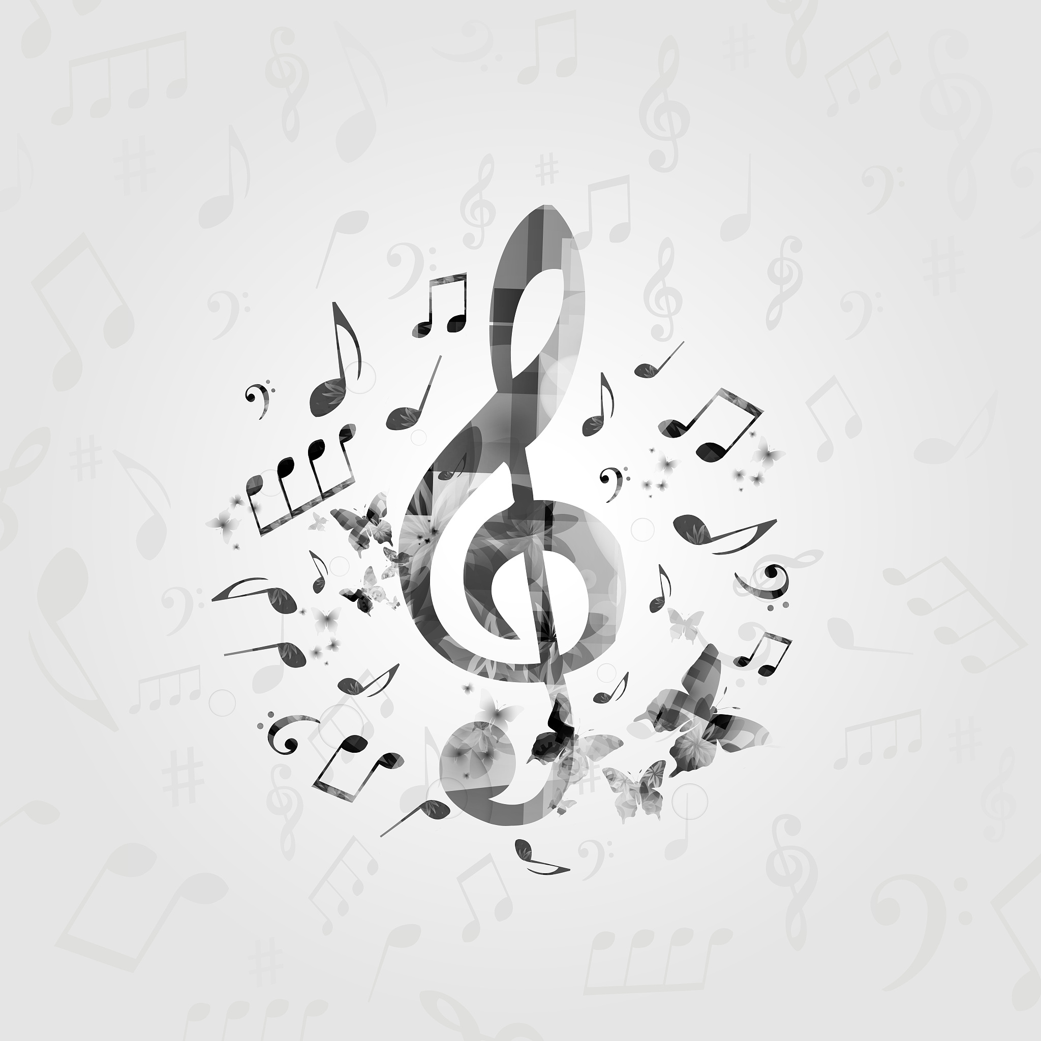 black and white music poster with music notes