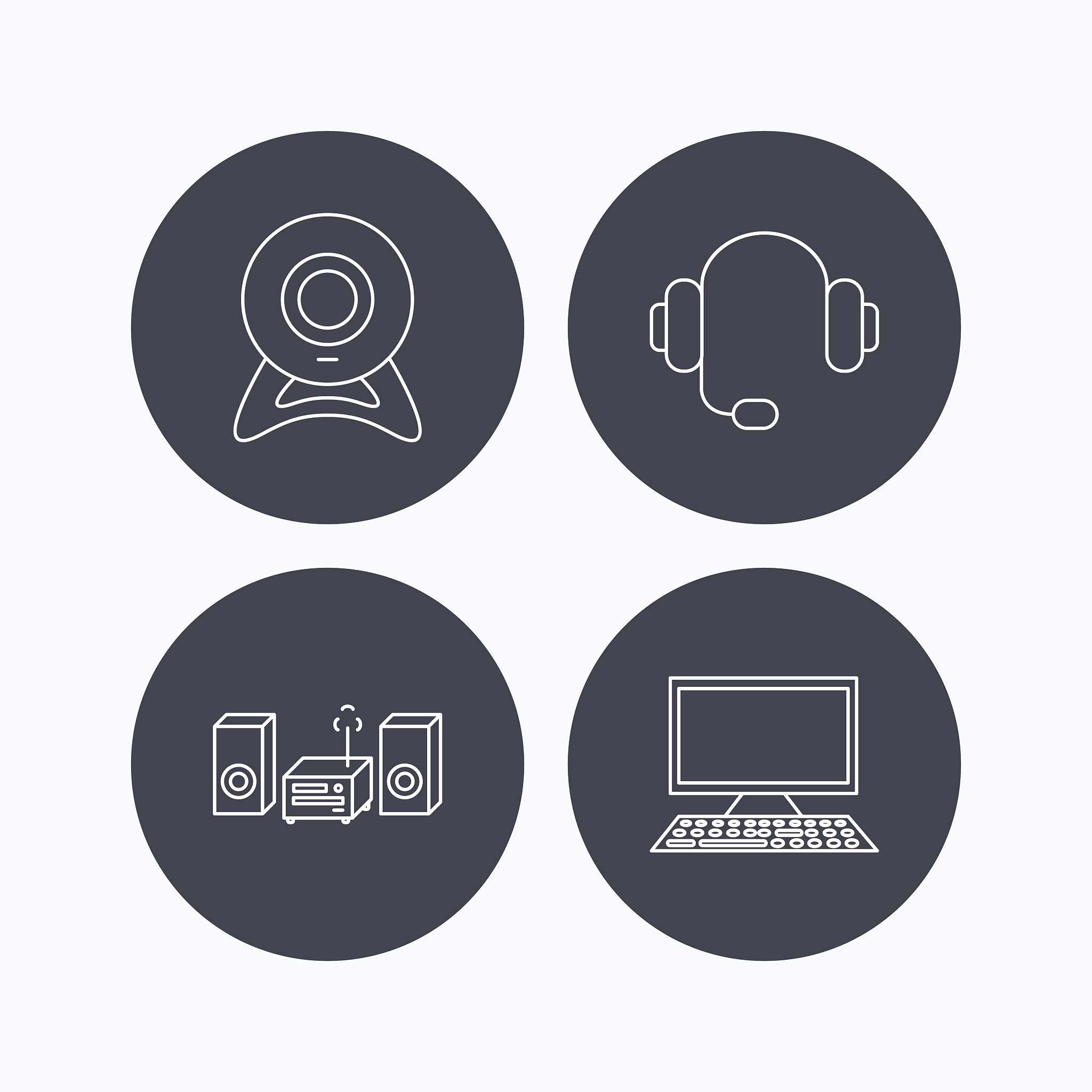 web camera, headphones and computer icons.