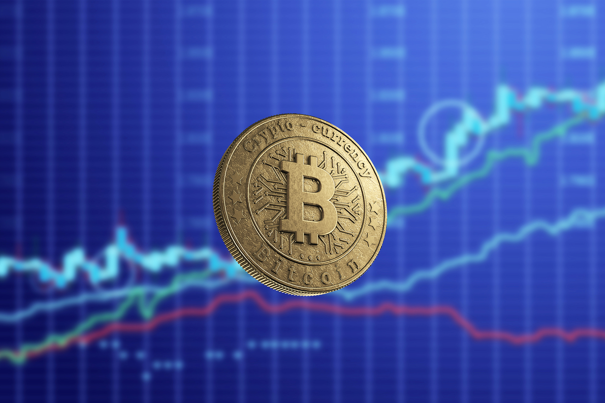 gold coin bitcoin on a background of business charts, blue backg