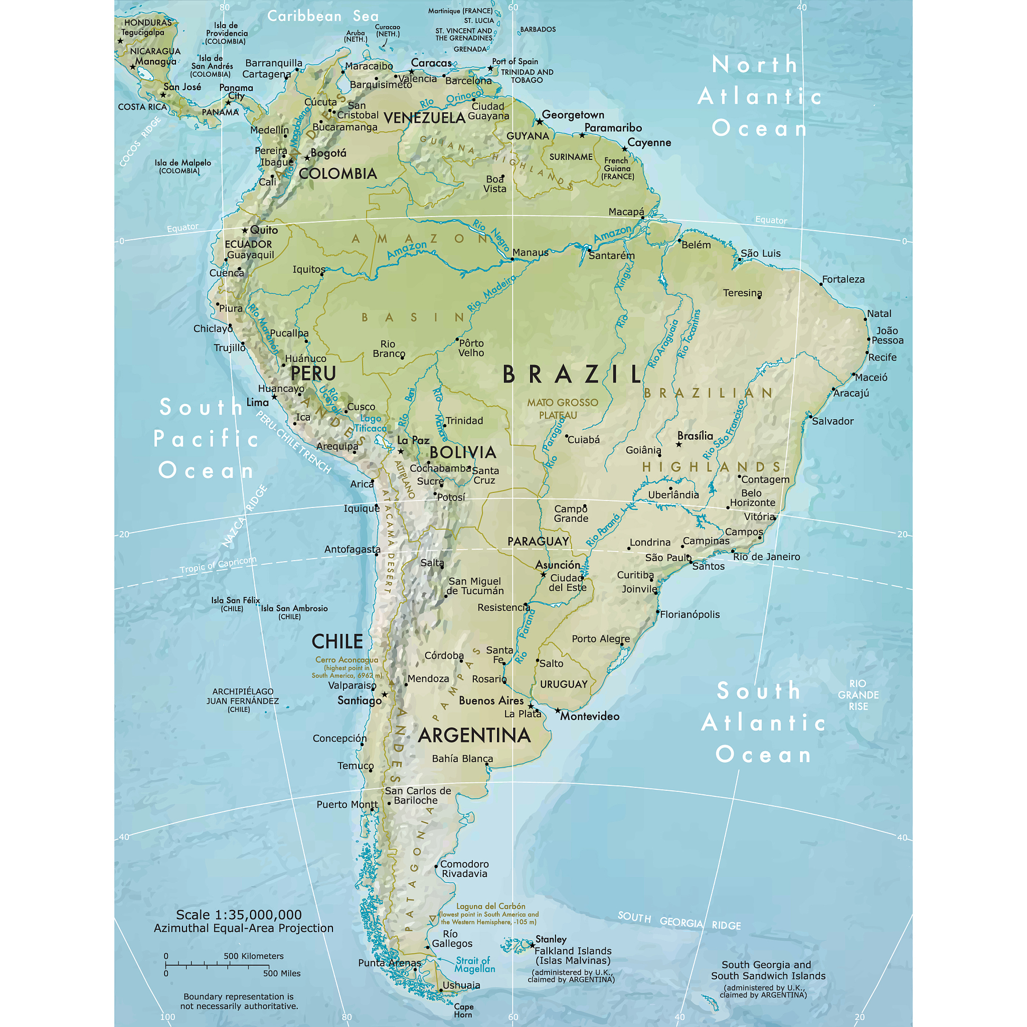 physical map of south america