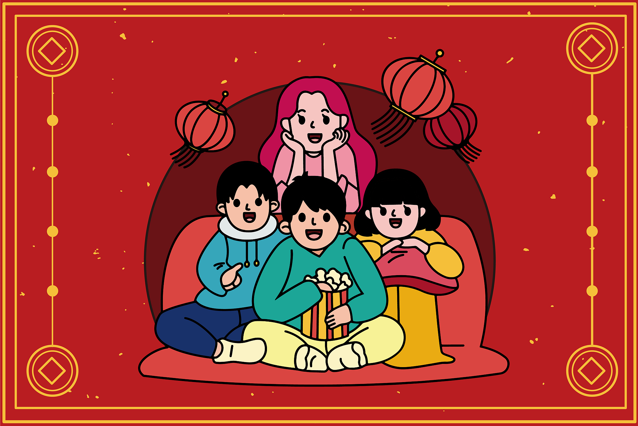 2020鼠年春节新年观影年俗插画