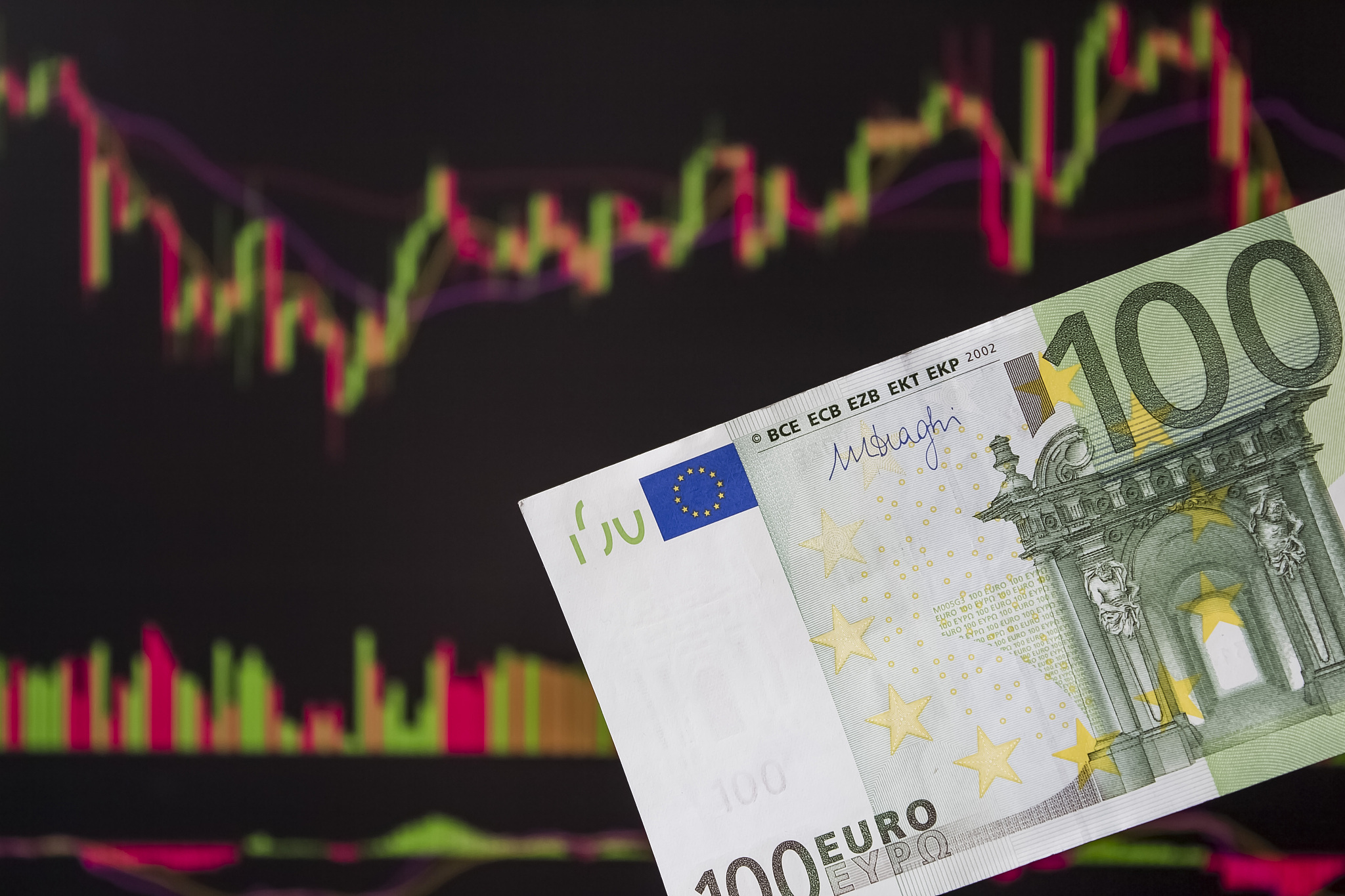 hands holding euro, eur in front of a laptop monitor with a pric