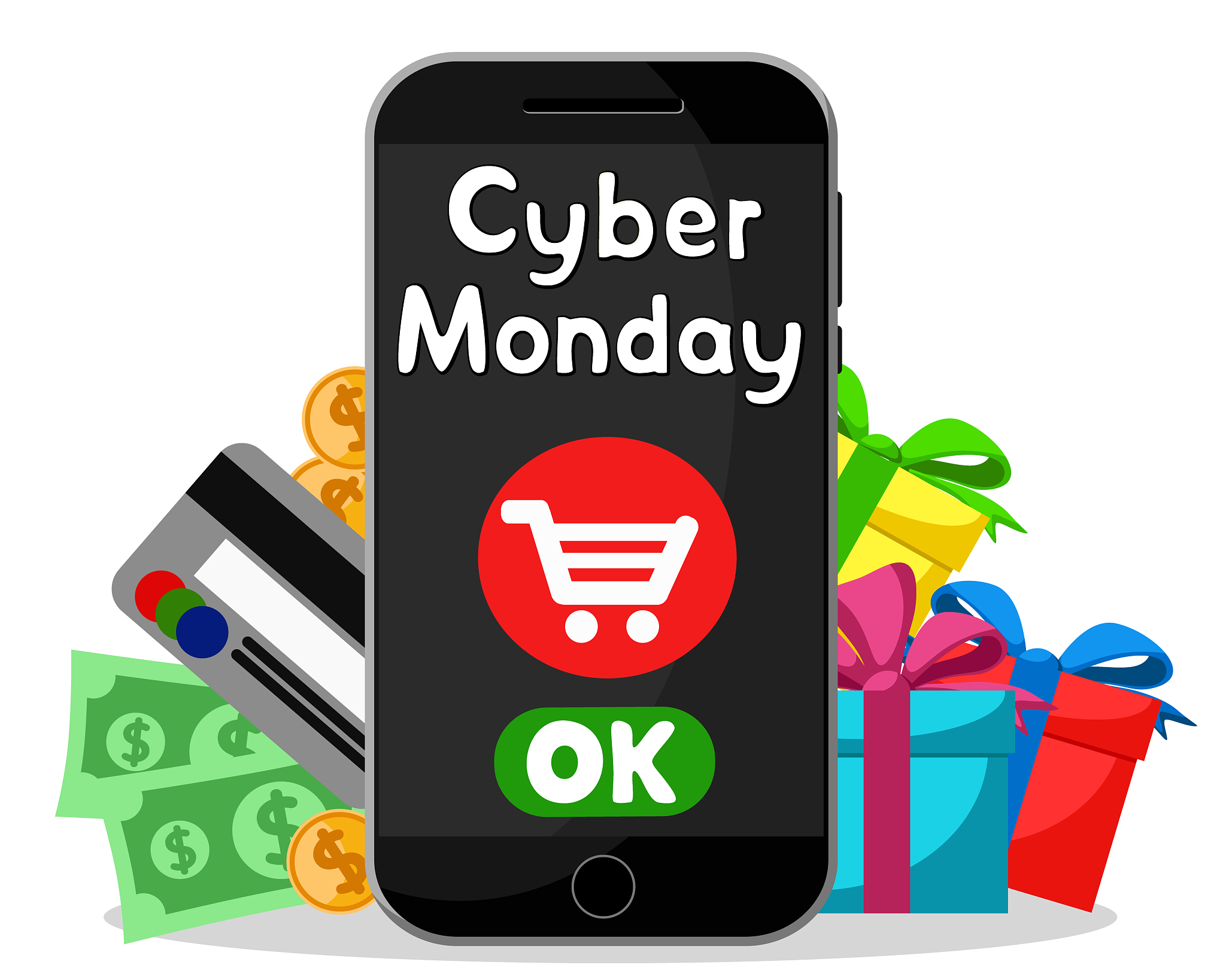 cyber monday, shopping online via smartphone on a white.